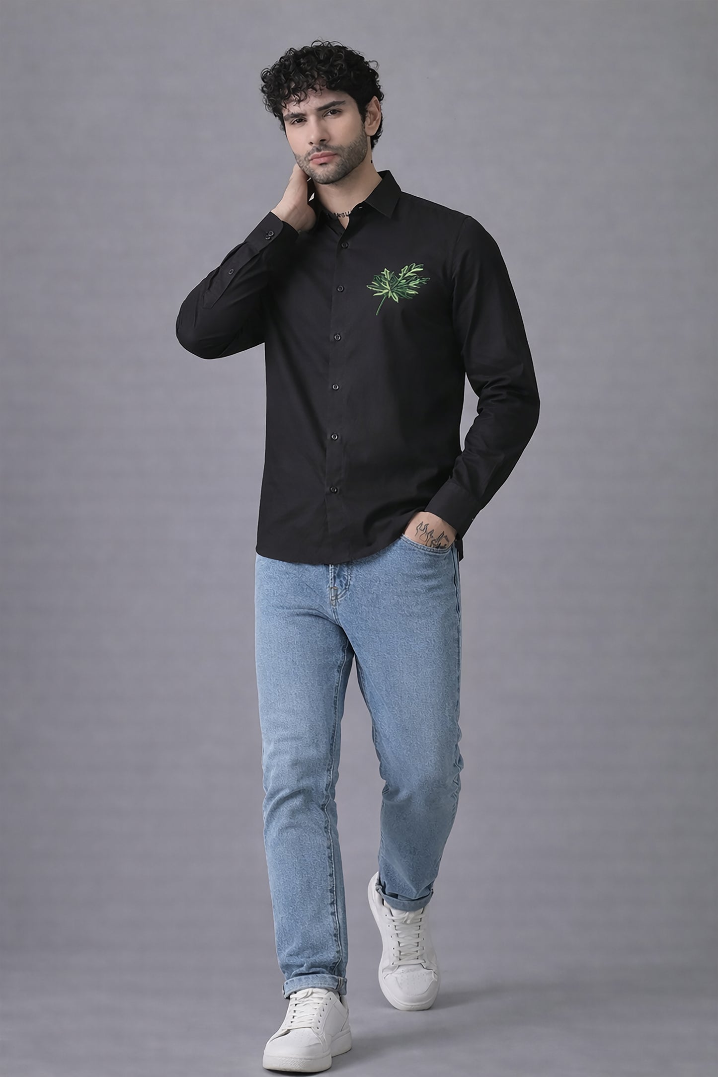 Black Men's Graphic Printed Cotton Poplin Regular Fit Full Sleeve Formal Shirts