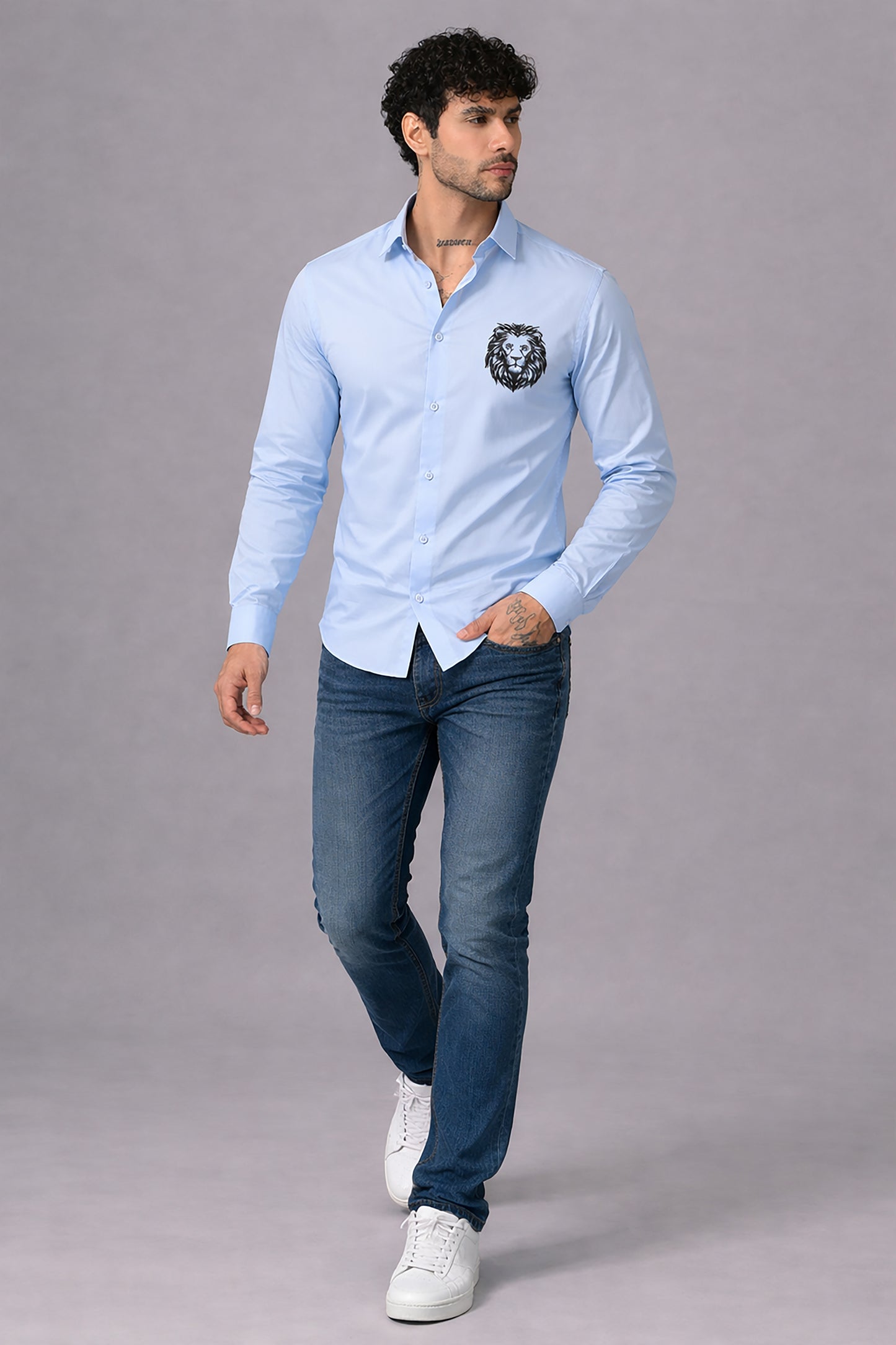 Blue Men's Graphic Printed Cotton Poplin Regular Fit Full Sleeve Formal Shirts