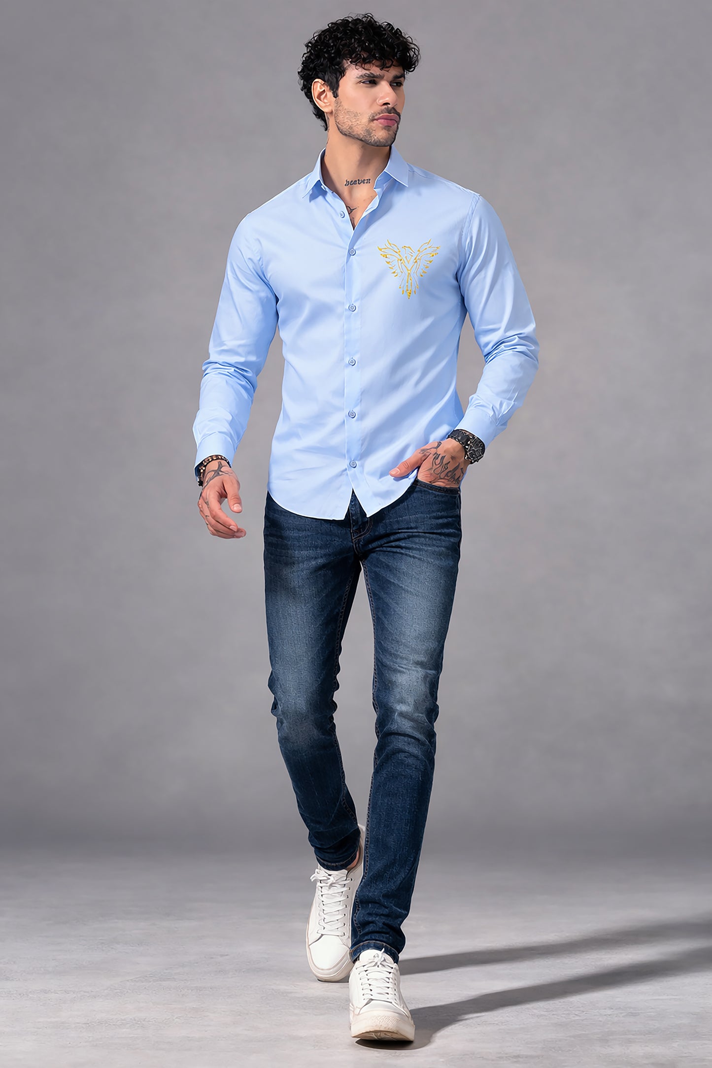 Blue Men's Graphic Printed Cotton Poplin Regular Fit Full Sleeve Formal Shirts