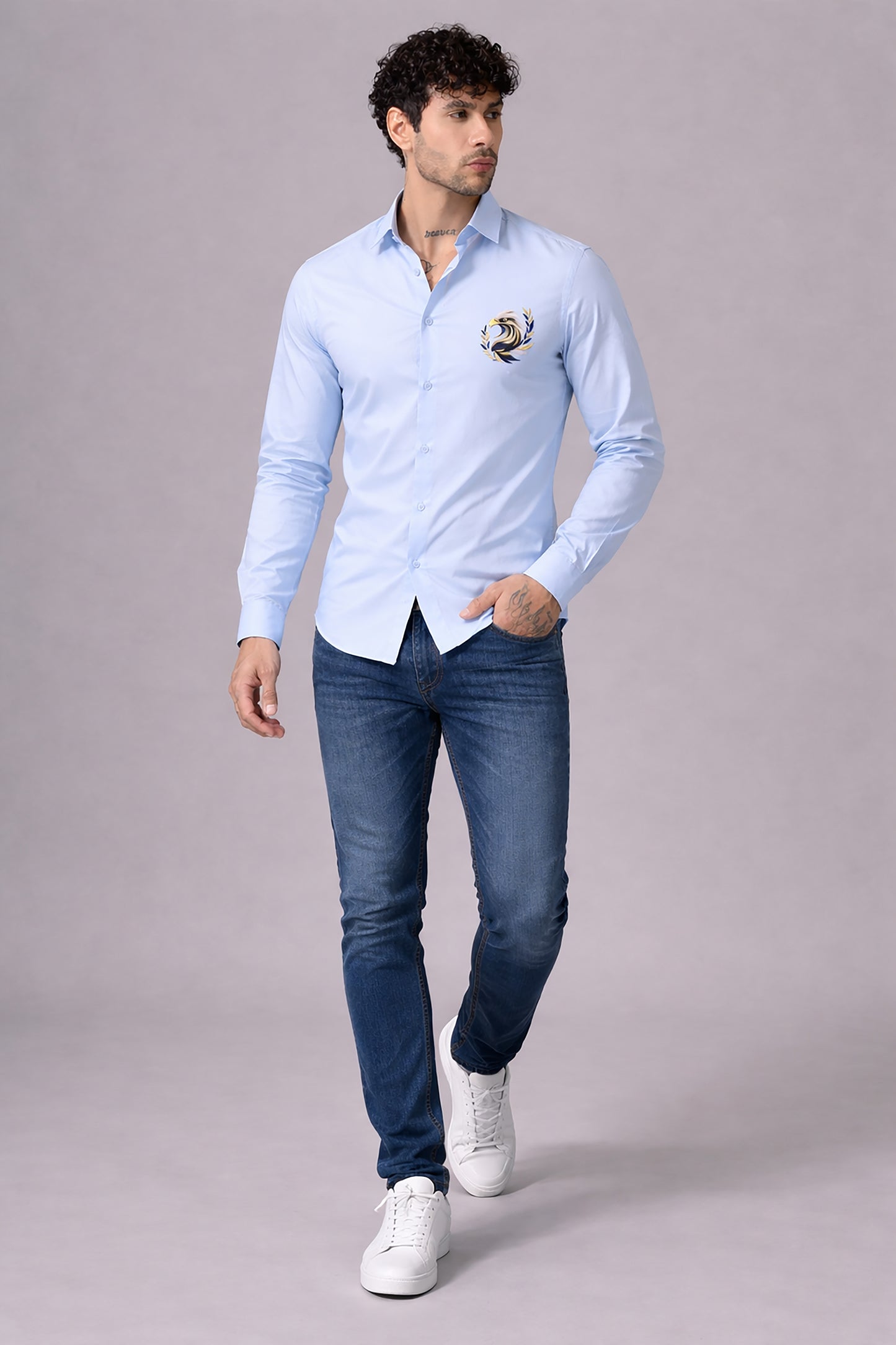 Blue Men's Graphic Printed Cotton Poplin Regular Fit Full Sleeve Formal Shirts