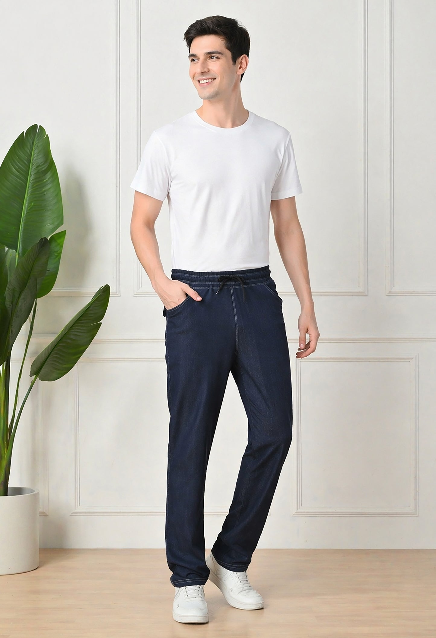 Navy Blue Men’s Knitted Tapered Jogger Pants – Mid-Rise Drawstring Athleisure Wear