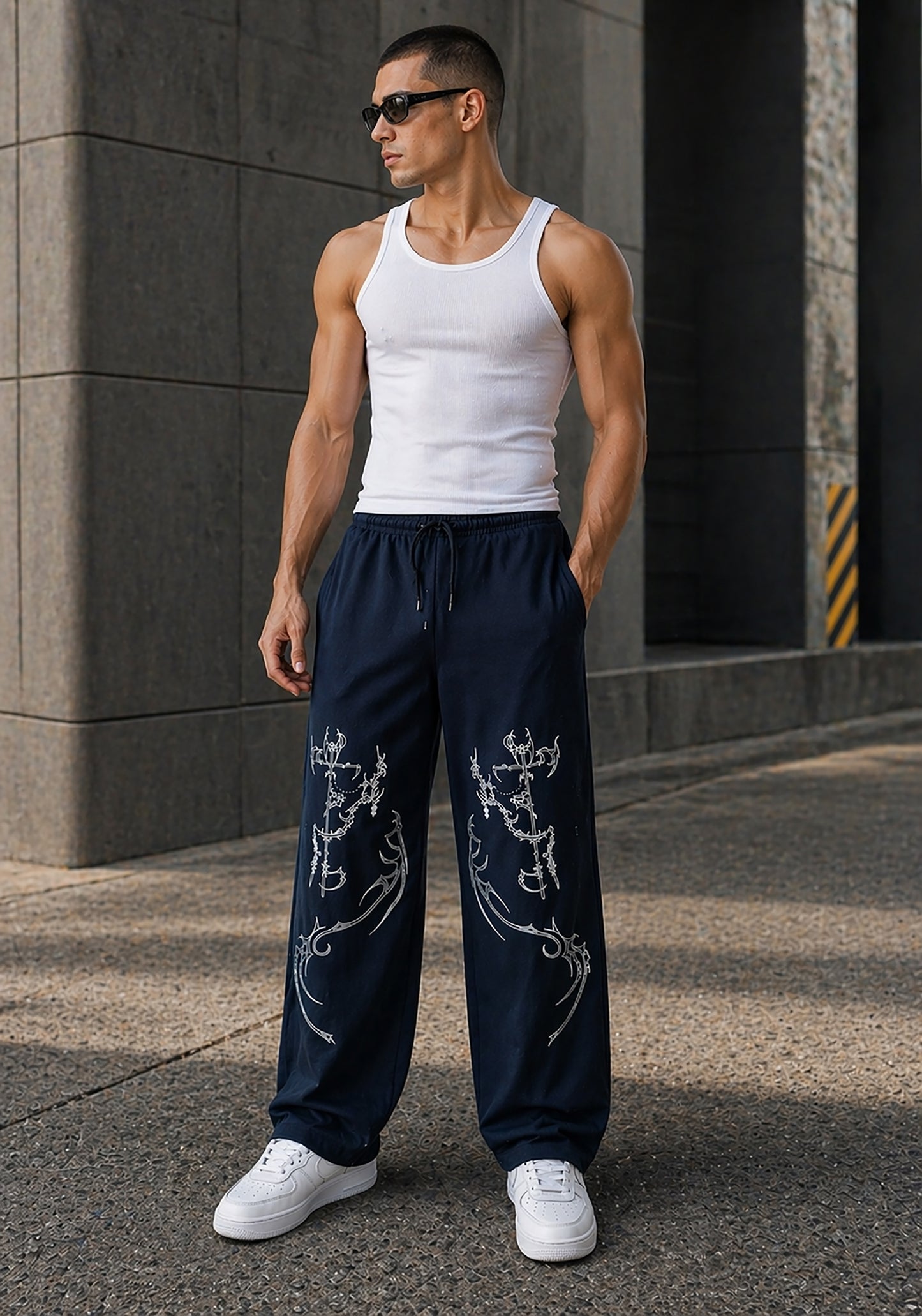Navy Blue Men’s Graphic Printed Joggers – Regular Fit Streetwear Casual Wear