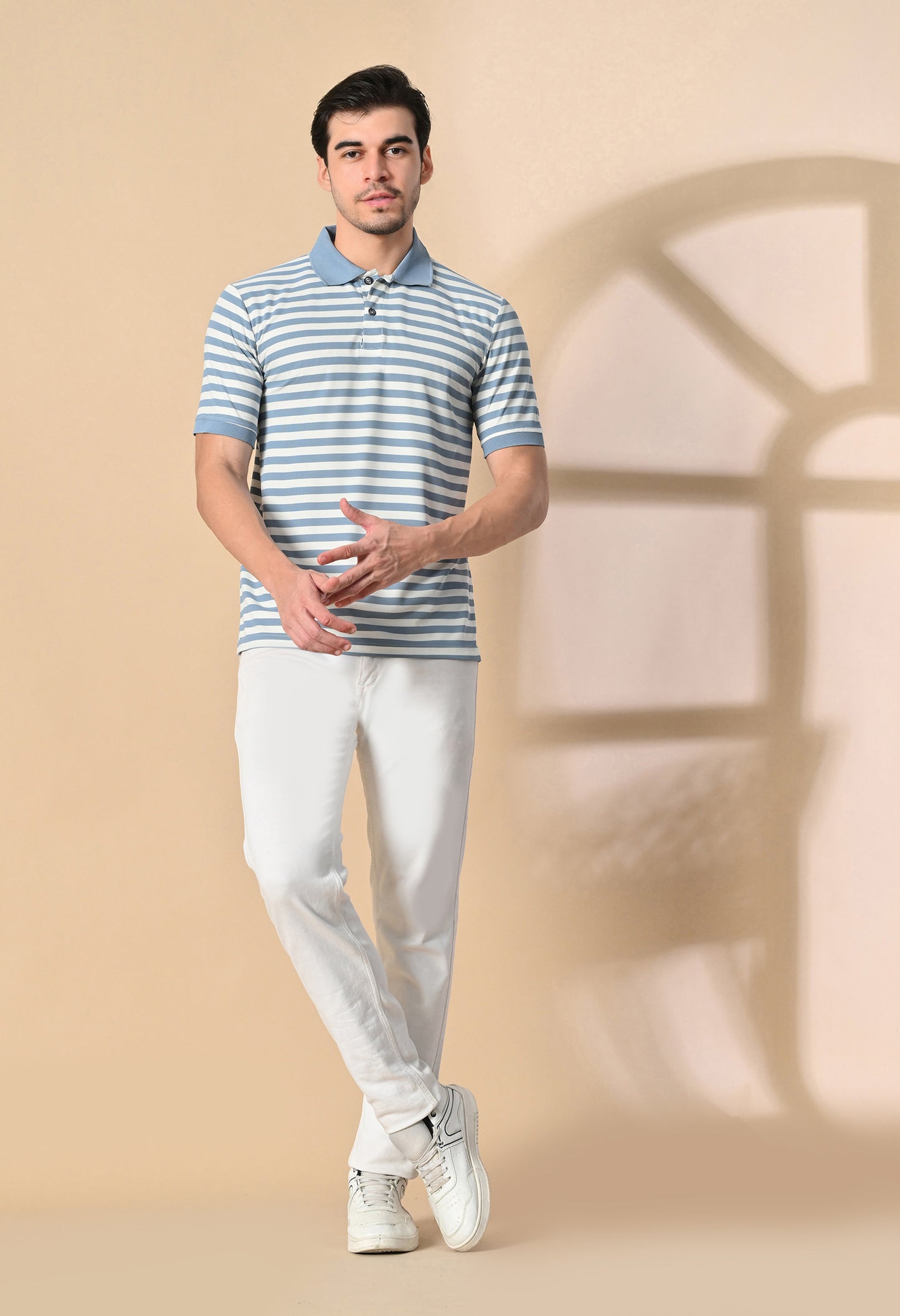 Light Blue Men’s Striped Polo T-Shirt – Regular Fit Casual Smart Wear