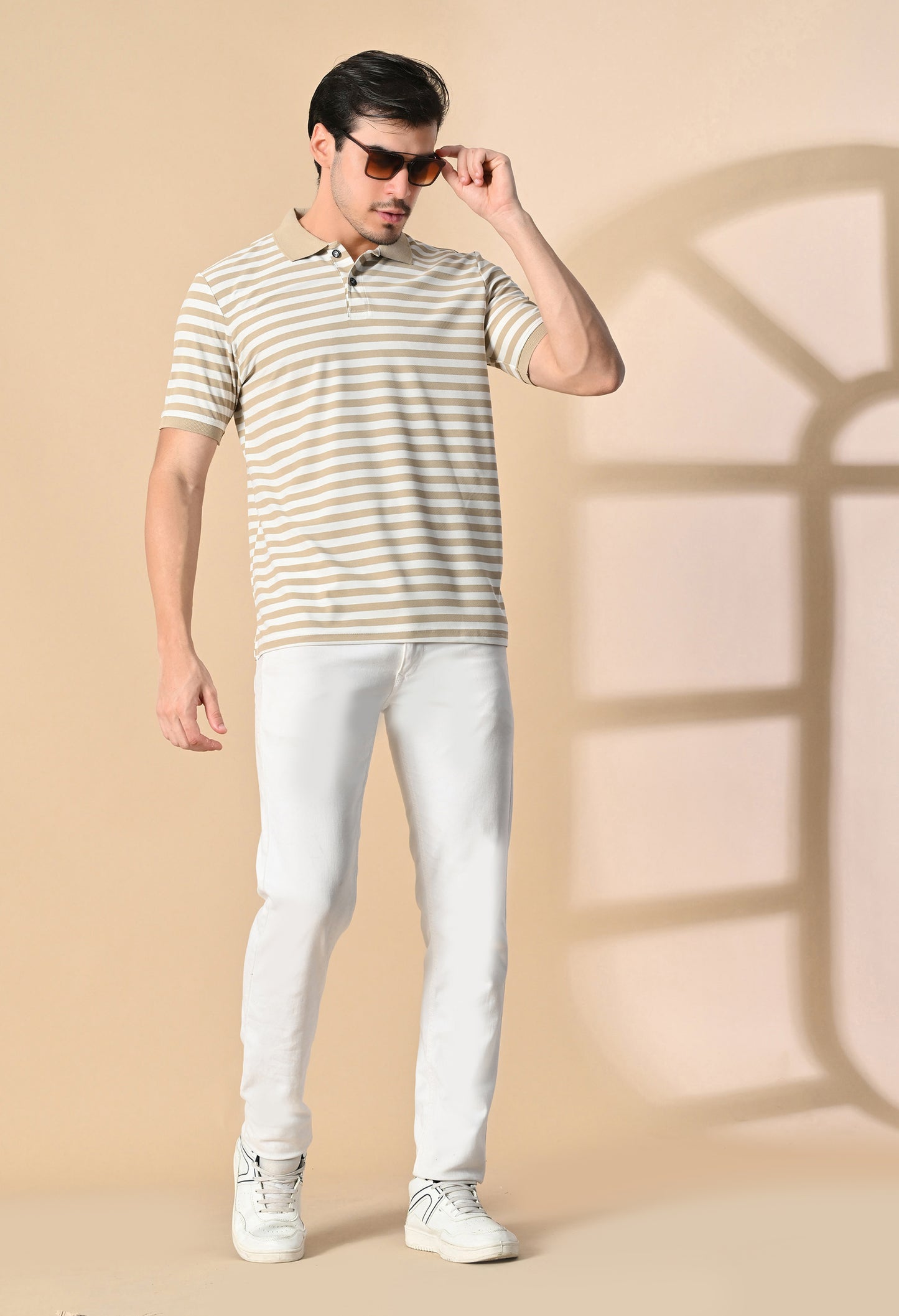 Beige Men’s Striped Polo T-Shirt – Regular Fit Casual Smart Wear