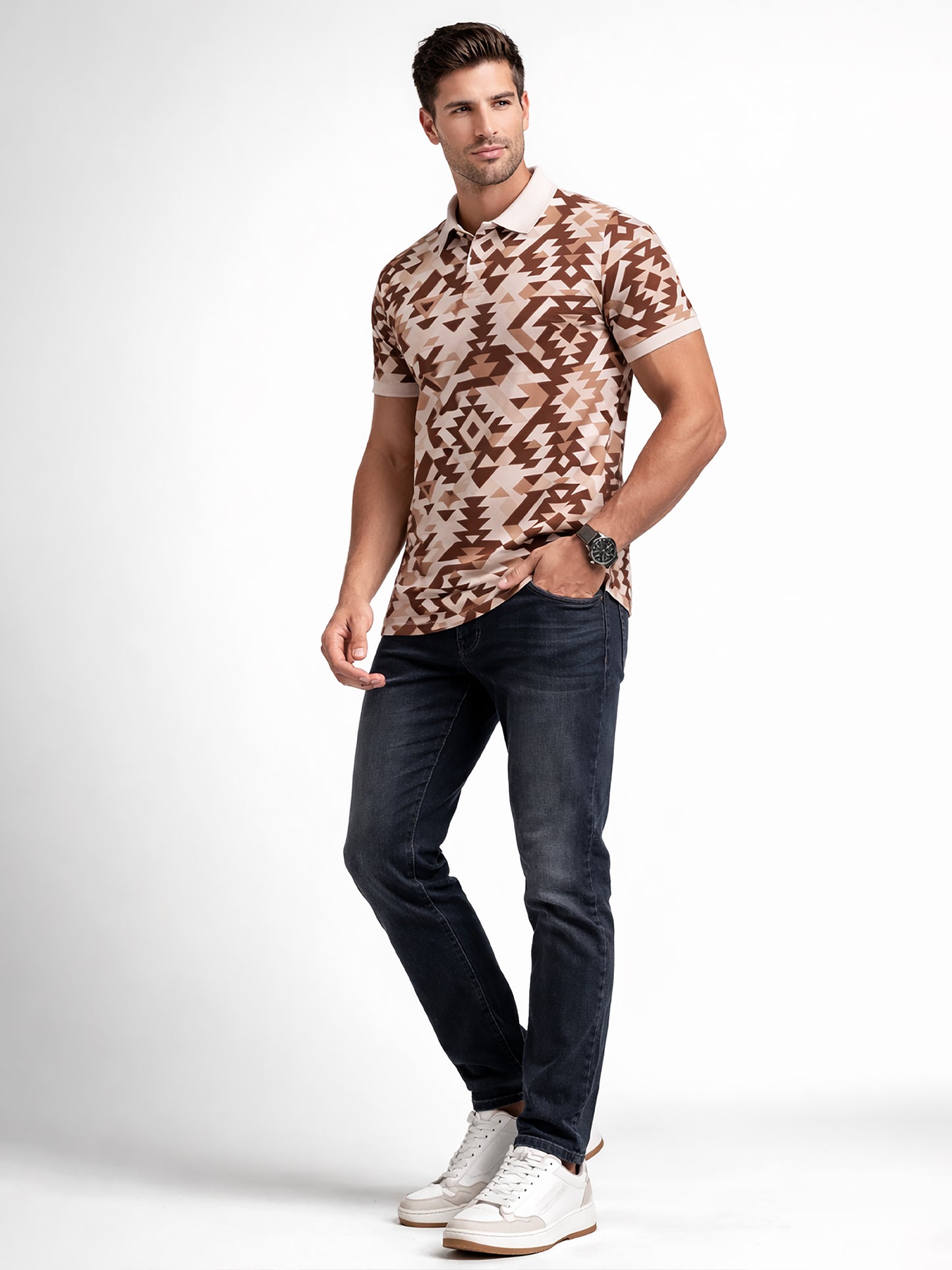 MultiColour Men’s Geometric Printed Polo T-Shirt – Regular Fit Casual Wear