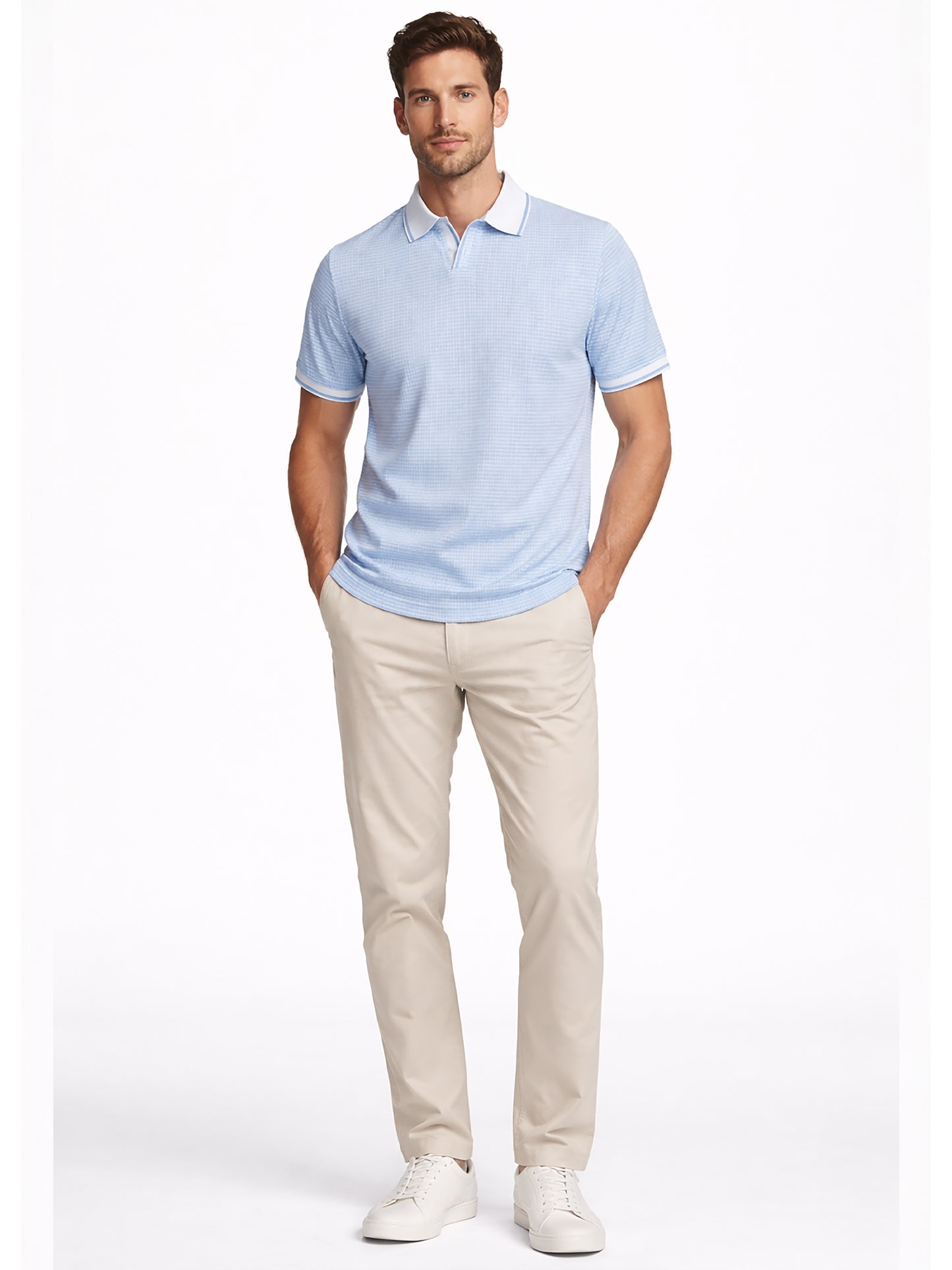 Light Blue Men’s Textured Polo T-Shirt – Regular Fit Smart Casual Wear