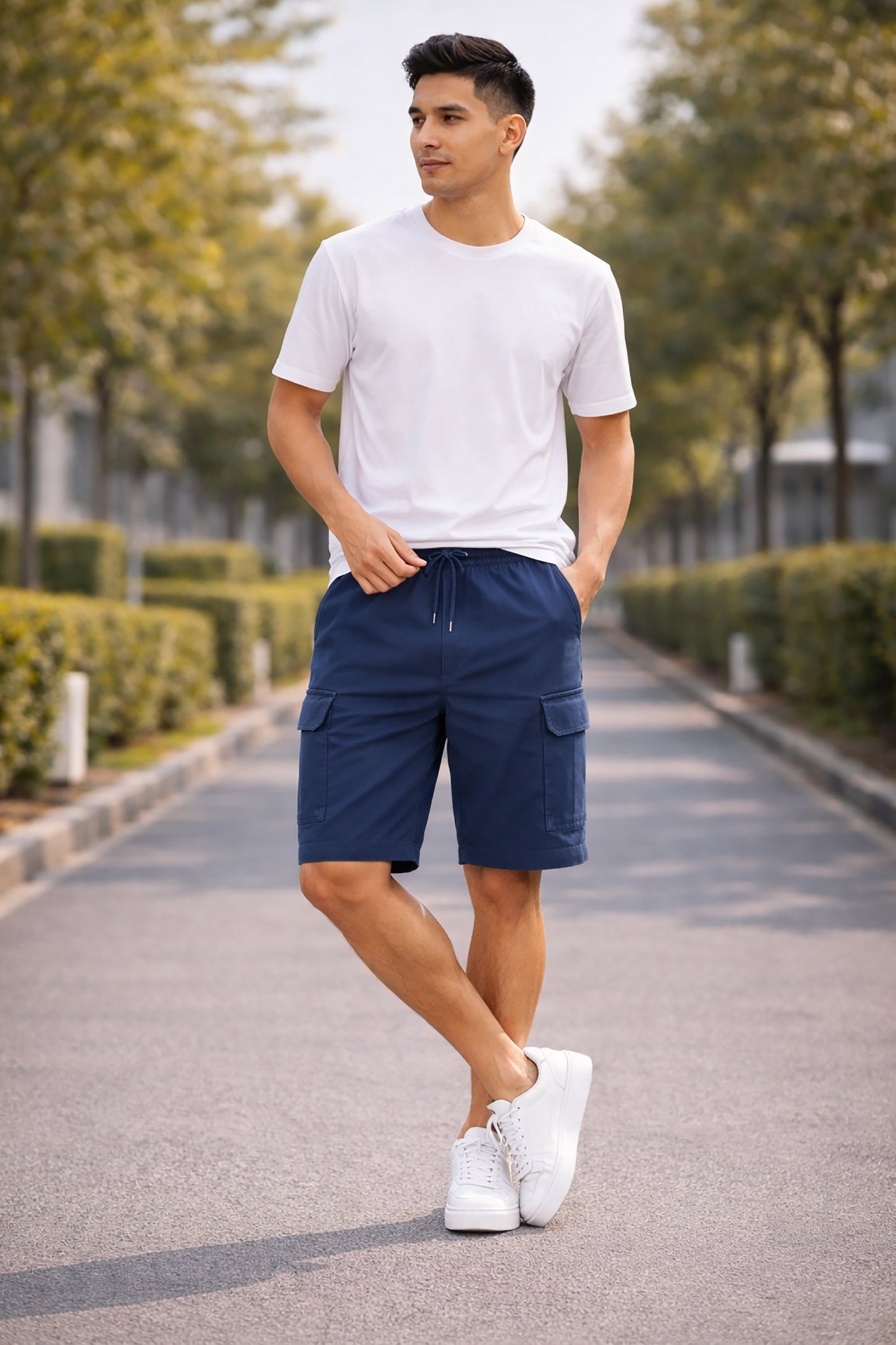 Teal Blue Men's Cotton Blend Elastic Waist Drawstring Cargo Shorts