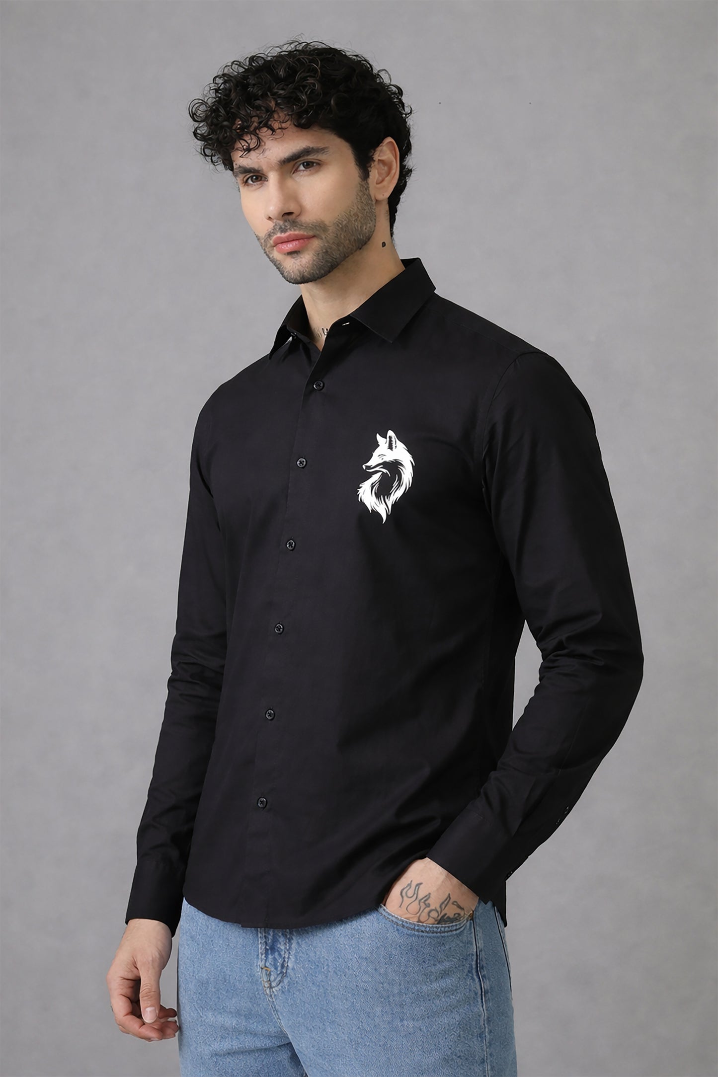 Black Men's Graphic Printed Cotton Poplin Regular Fit Full Sleeve Formal Shirts
