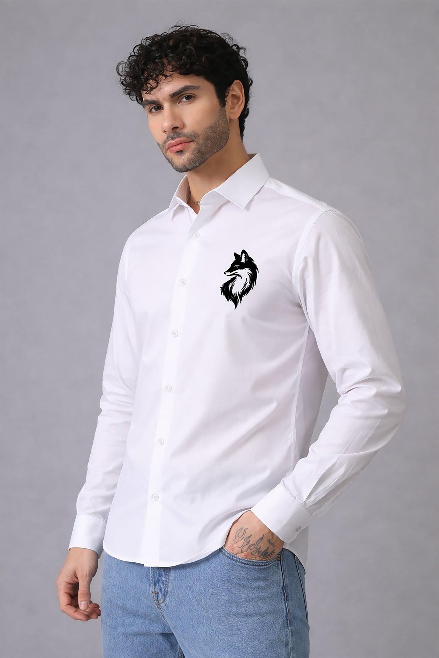White Men's Graphic Printed Cotton Poplin Regular Fit Full Sleeve Formal Shirts
