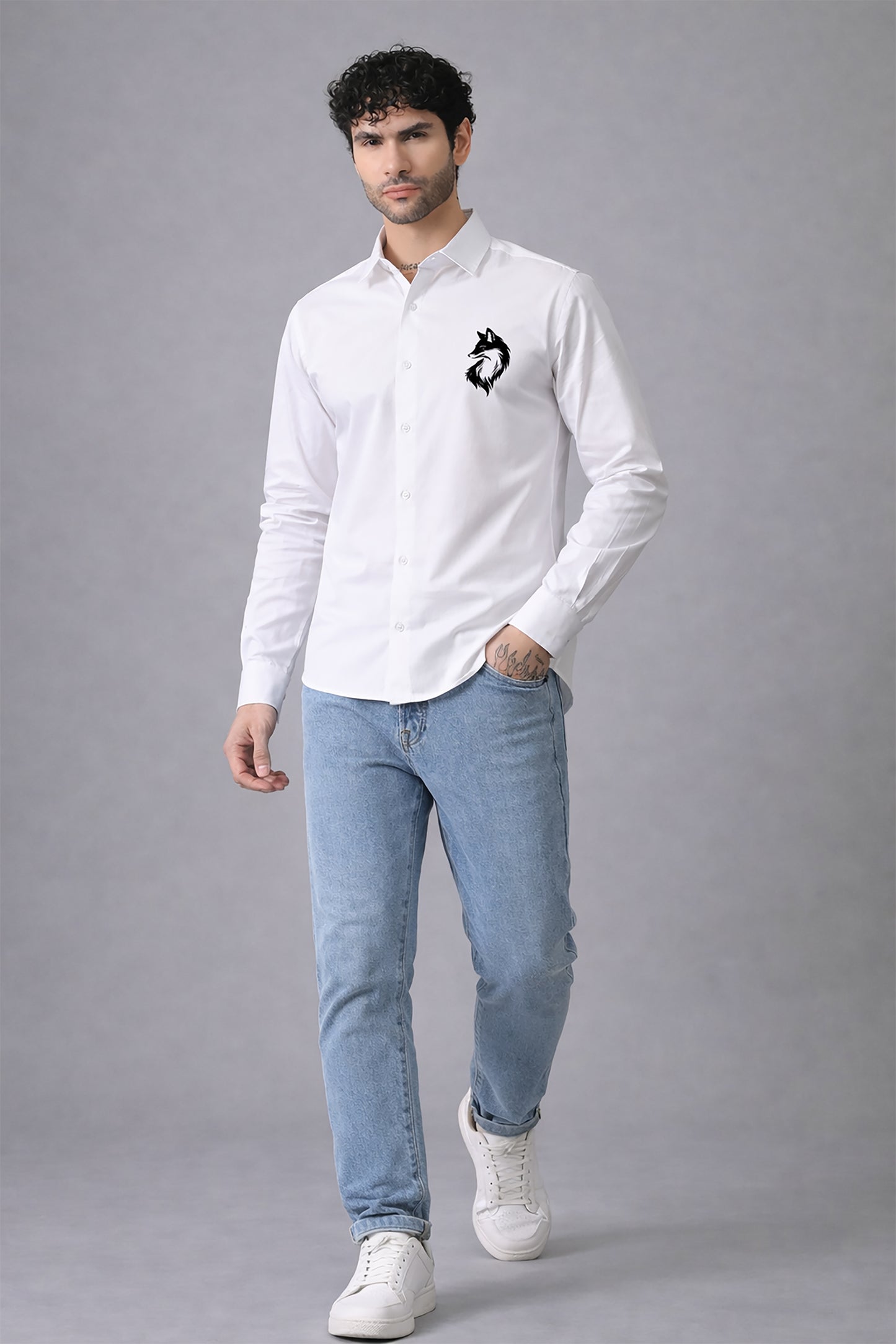 White Men's Graphic Printed Cotton Poplin Regular Fit Full Sleeve Formal Shirts