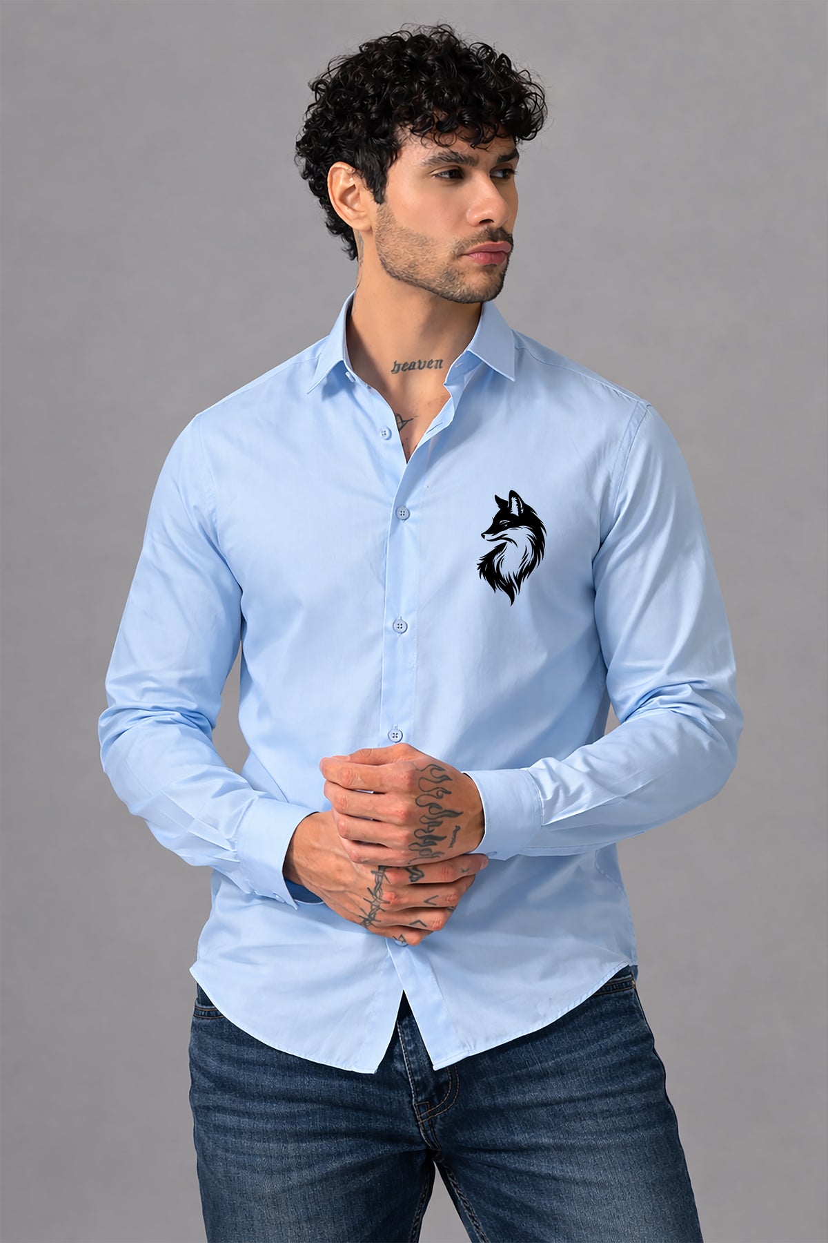 Blue Men's Graphic Printed Cotton Poplin Regular Fit Full Sleeve Formal Shirts