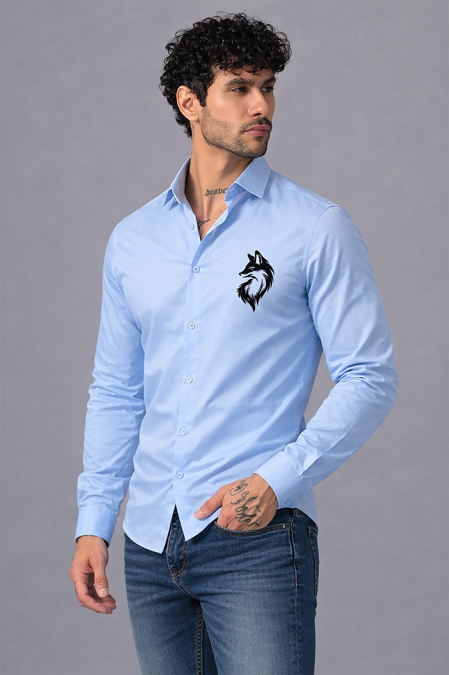Blue Men's Graphic Printed Cotton Poplin Regular Fit Full Sleeve Formal Shirts