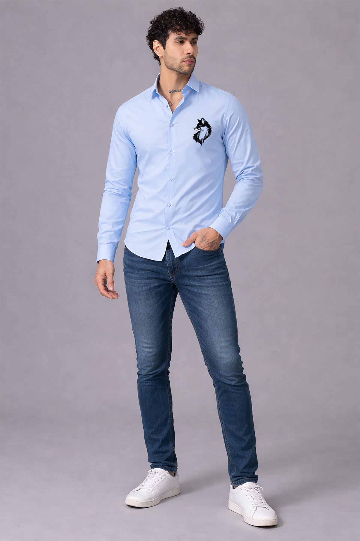 Blue Men's Graphic Printed Cotton Poplin Regular Fit Full Sleeve Formal Shirts