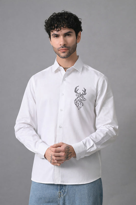 White Men's Graphic Printed Cotton Poplin Regular Fit Full Sleeve Formal Shirts