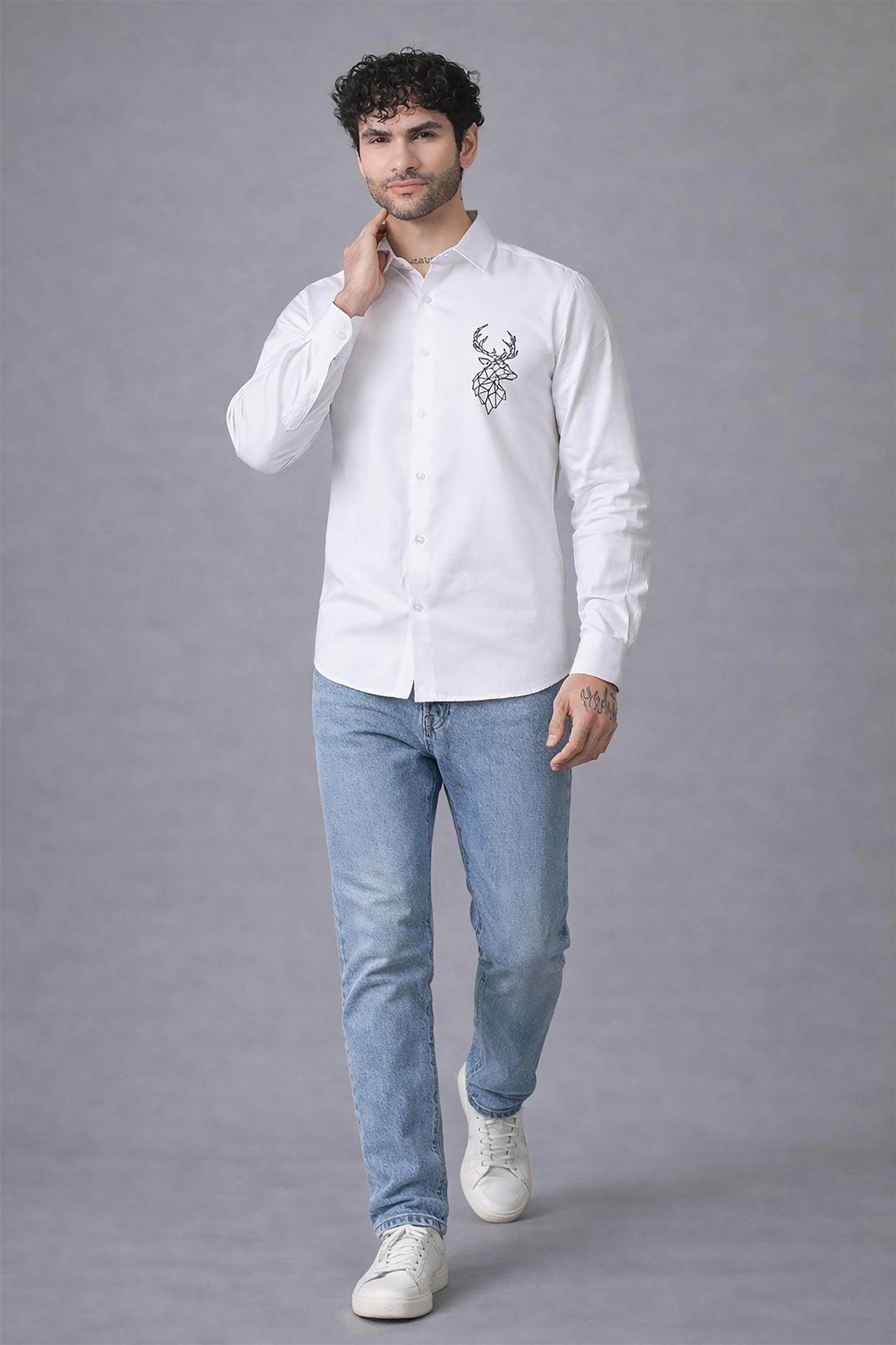 White Men's Graphic Printed Cotton Poplin Regular Fit Full Sleeve Formal Shirts