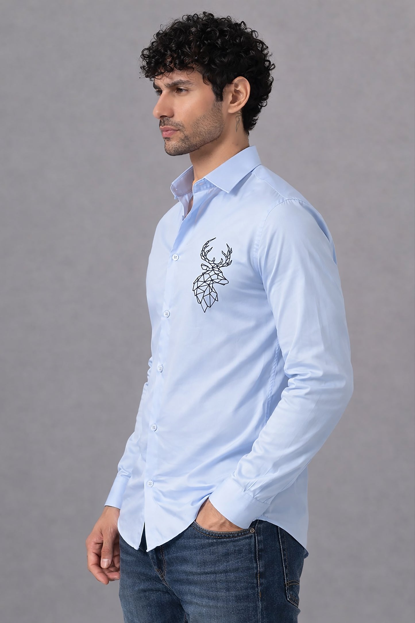 Blue Men's Graphic Printed Cotton Poplin Regular Fit Full Sleeve Formal Shirts