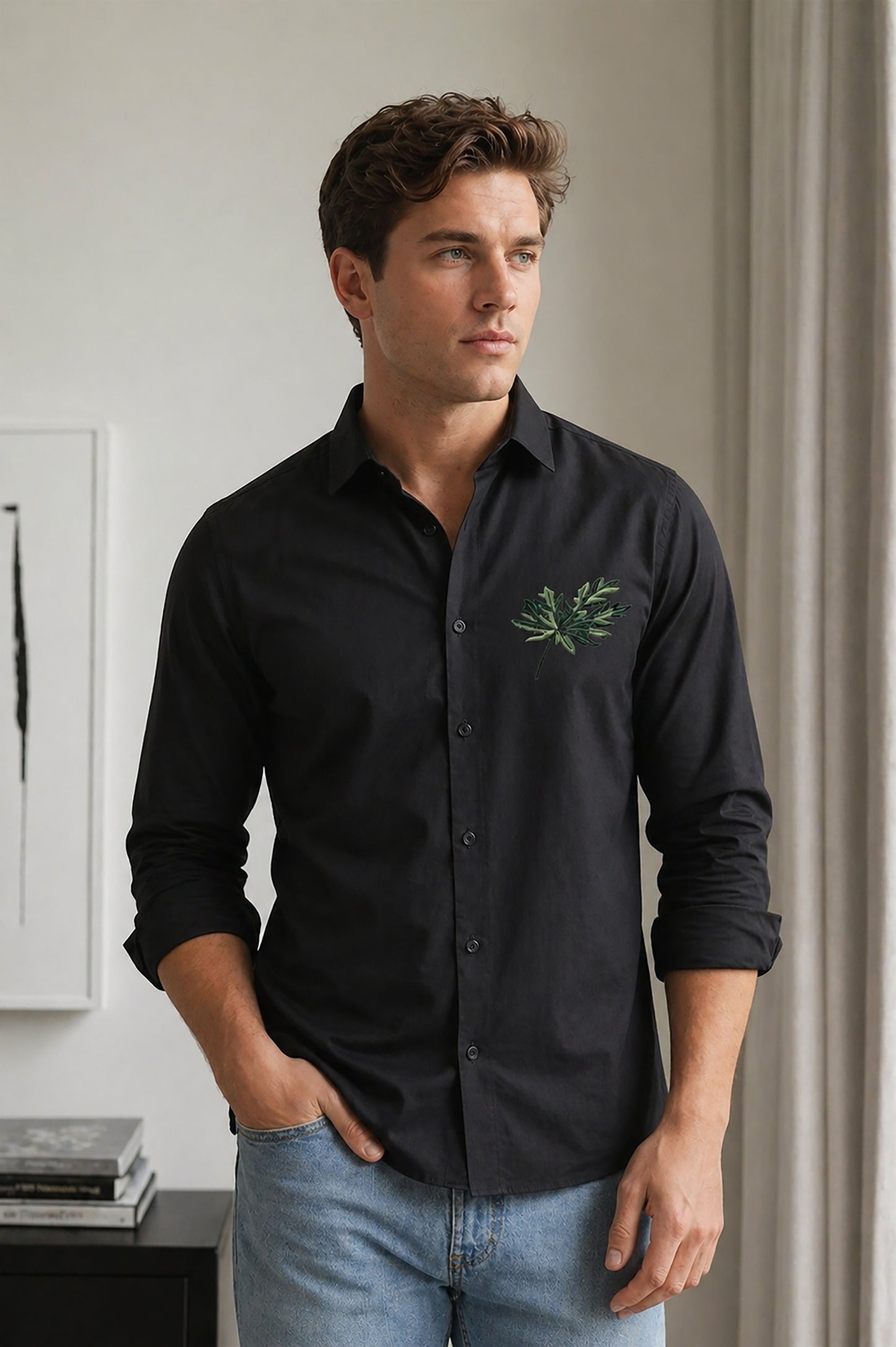 Black Men's Graphic Printed Cotton Poplin Regular Fit Full Sleeve Formal Shirts