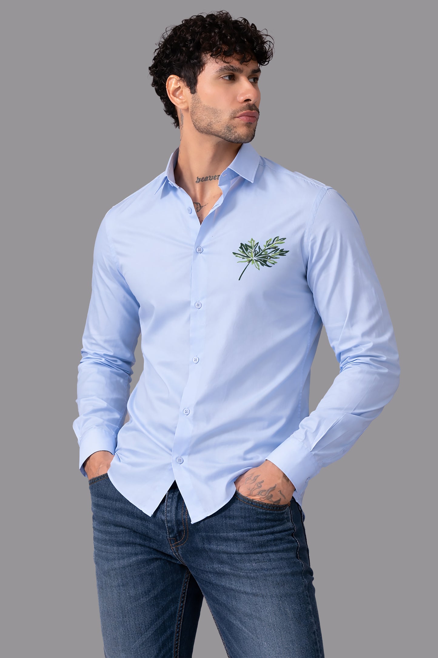 Blue Men's Graphic Printed Cotton Poplin Regular Fit Full Sleeve Formal Shirts