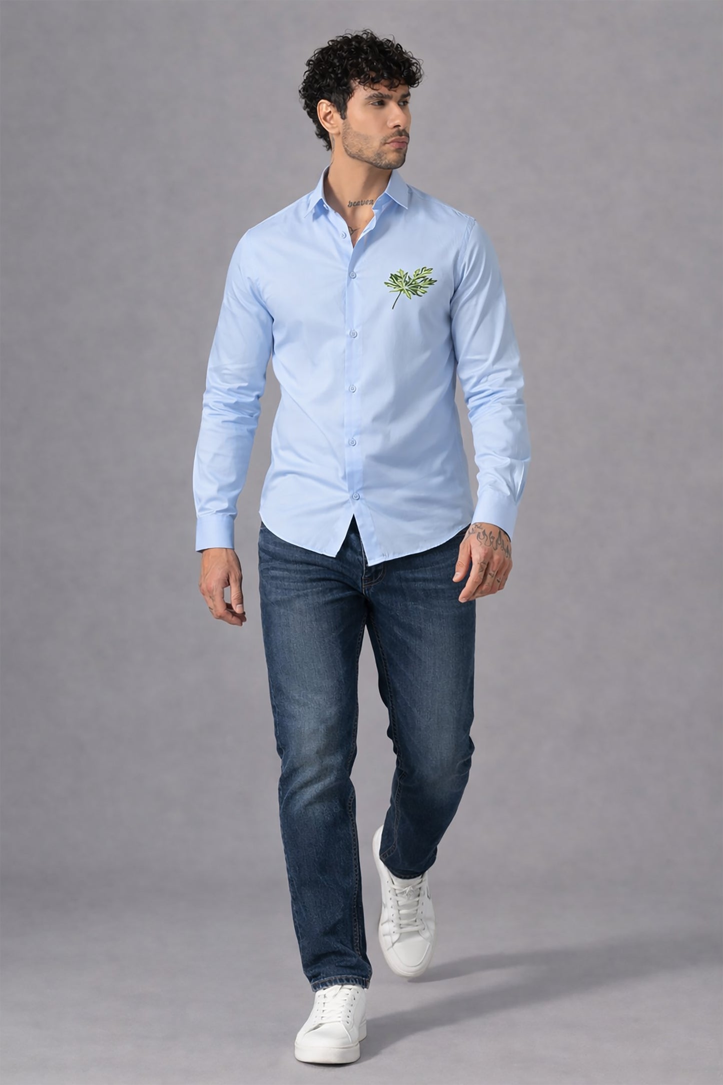 Blue Men's Graphic Printed Cotton Poplin Regular Fit Full Sleeve Formal Shirts