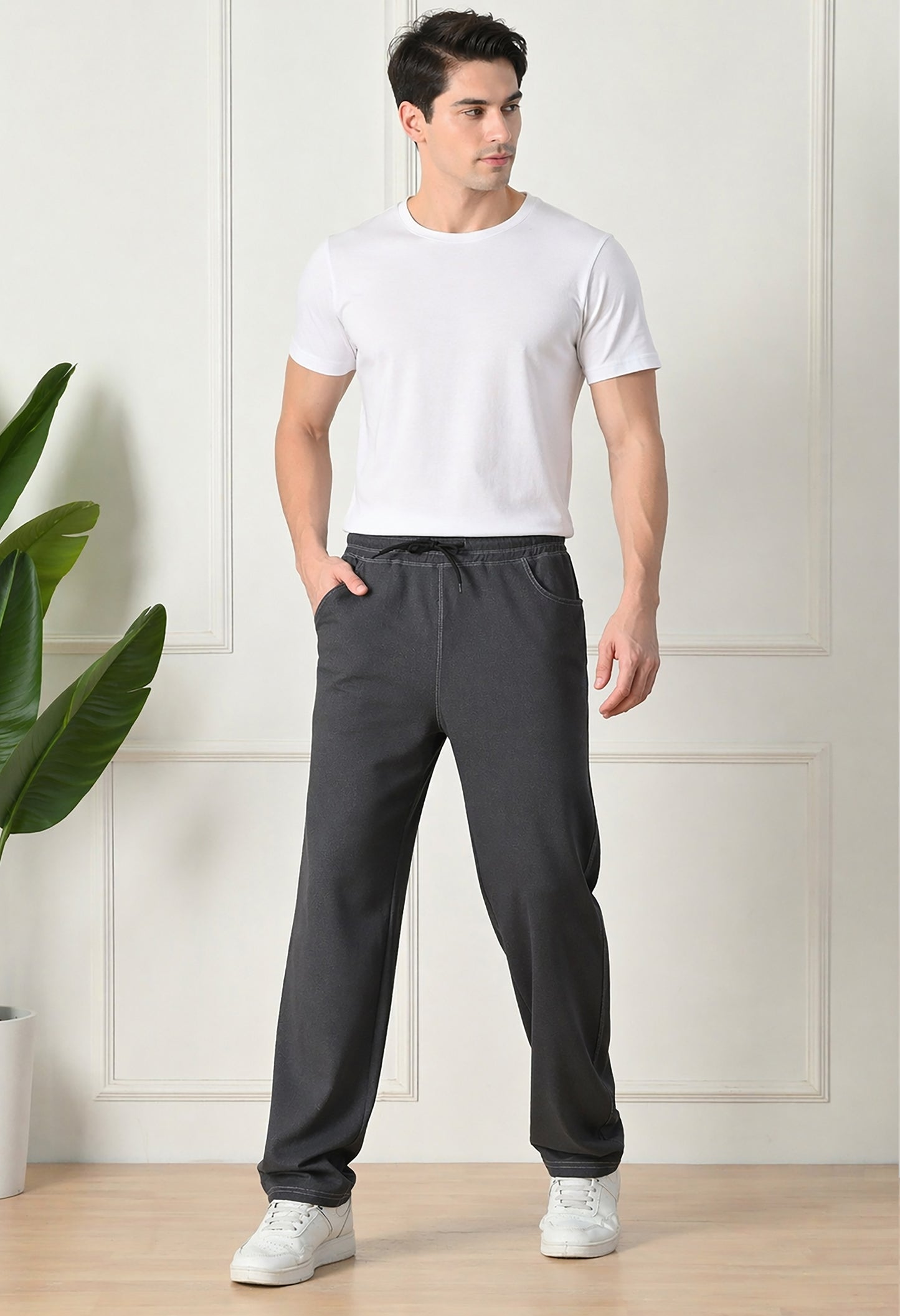 Grey Men’s Knitted Tapered Jogger Pants – Mid-Rise Drawstring Athleisure Wear