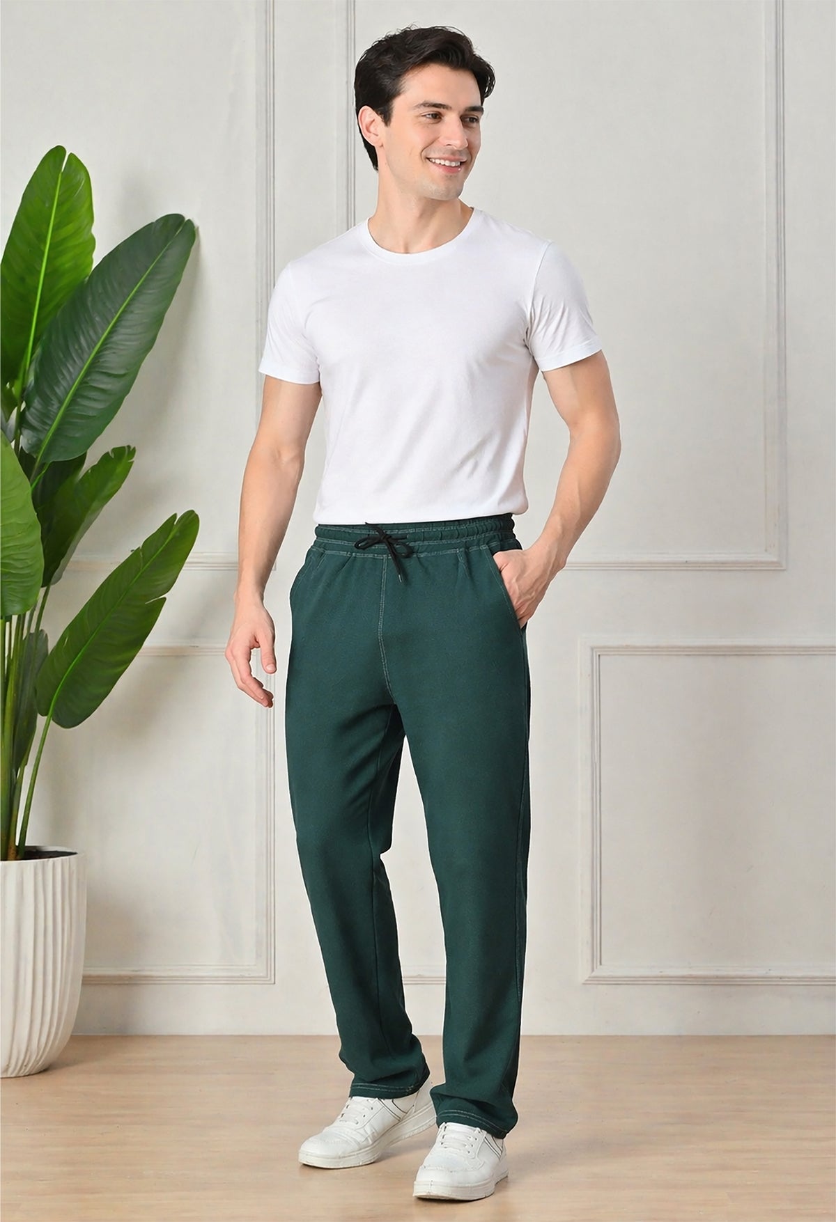 Dark Green Men’s Knitted Tapered Jogger Pants – Mid-Rise Drawstring Athleisure Wear Main image
