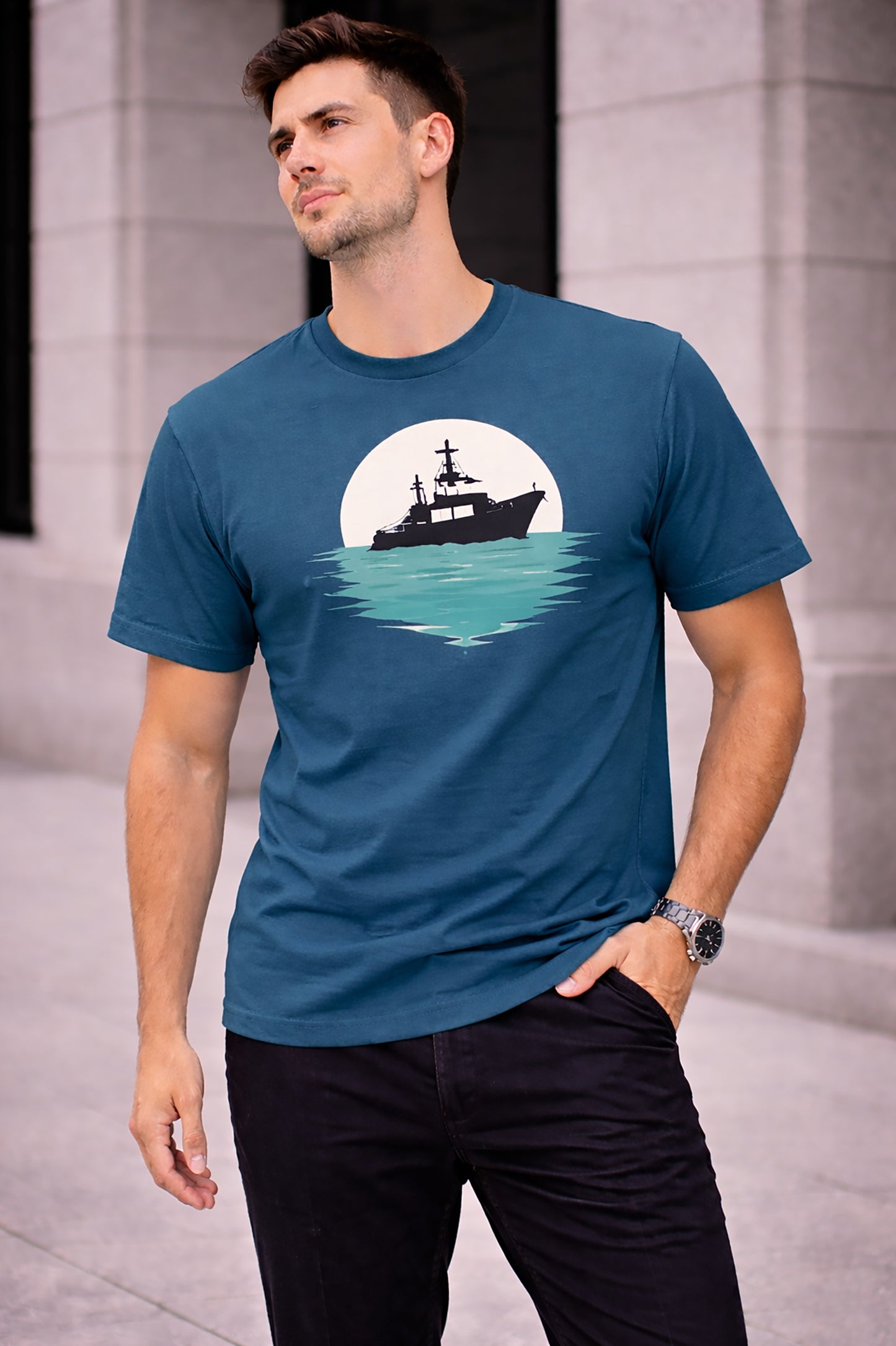 Teal Blue Men’s Graphic Print T-Shirt – Regular Fit Casual Wear