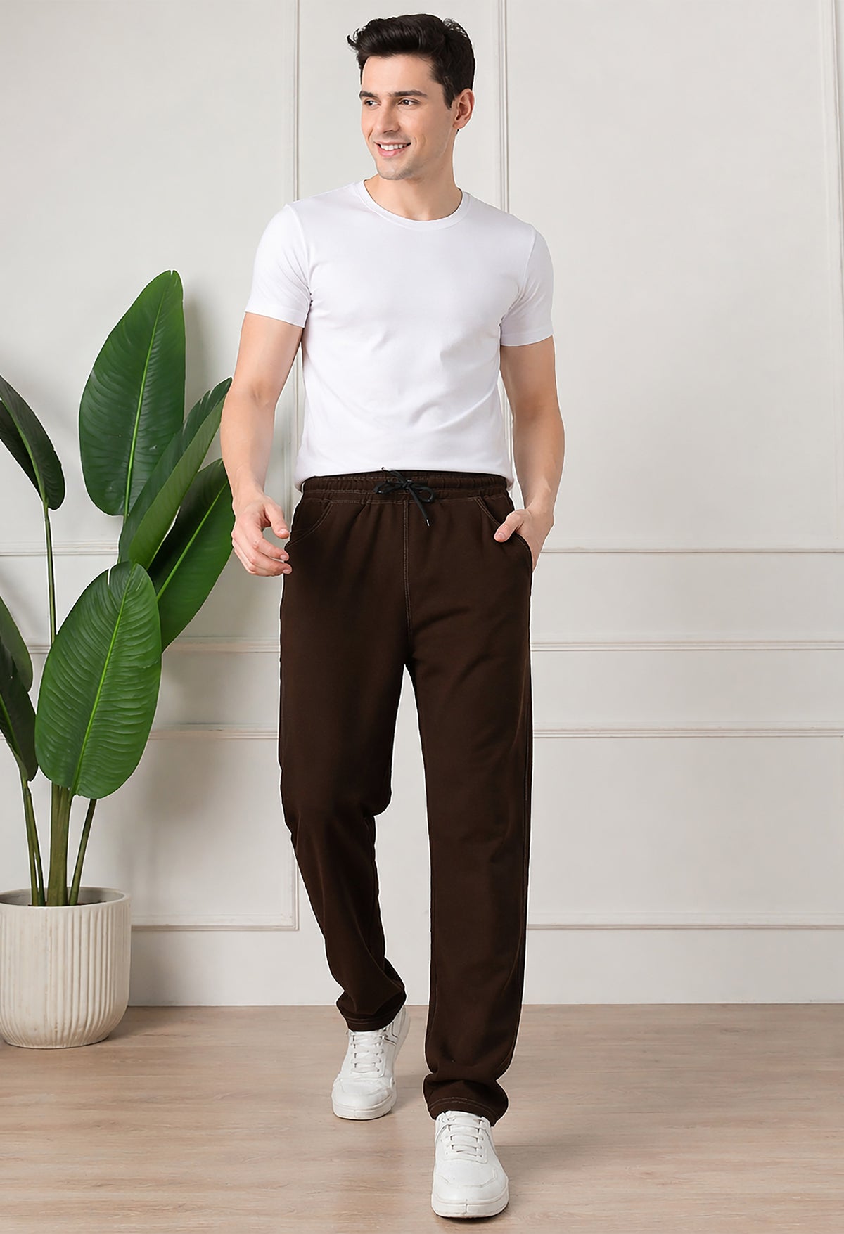 Dark Brown Men’s Knitted Tapered Jogger Pants – Mid-Rise Drawstring Athleisure Wear Main image
