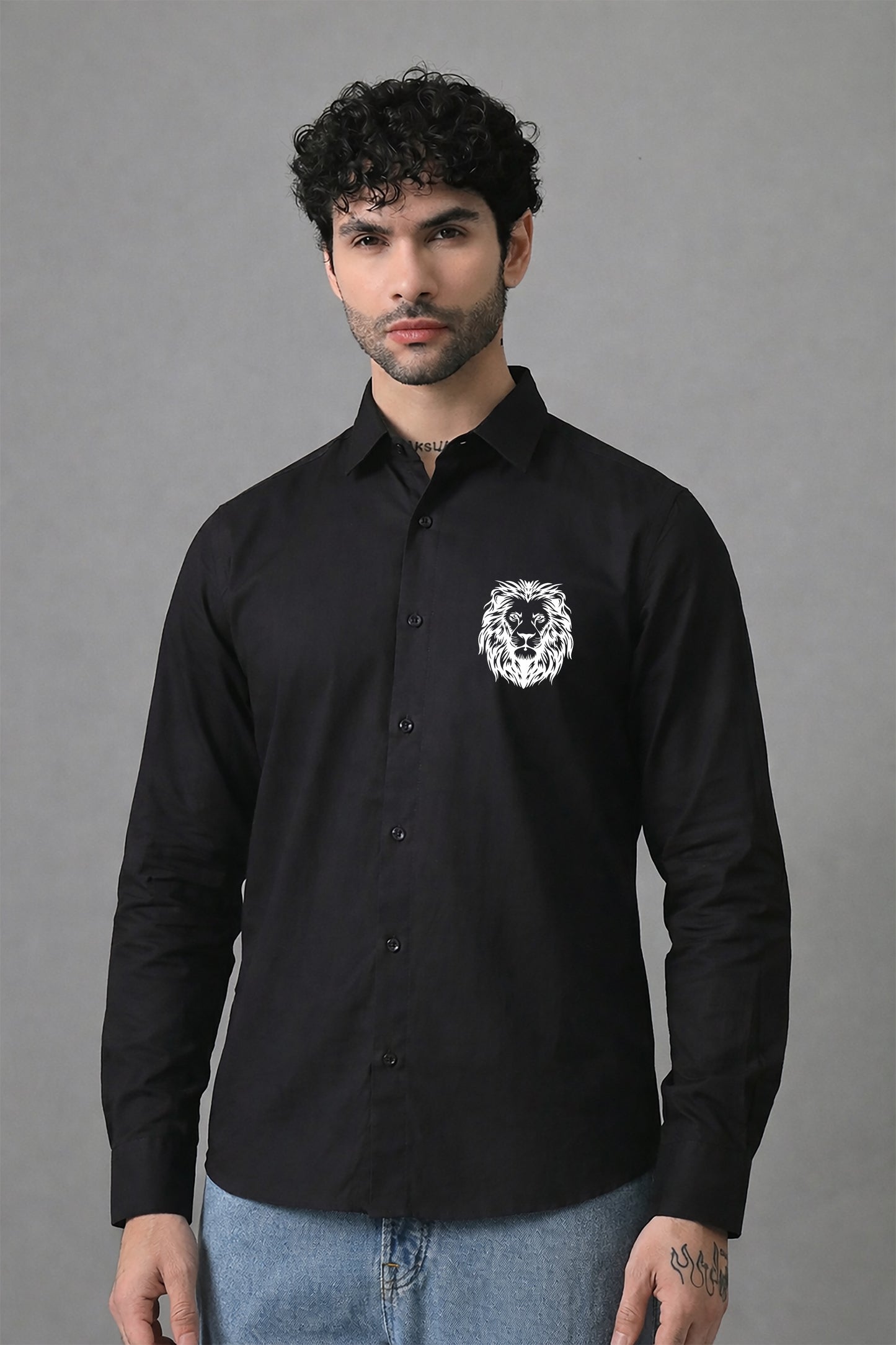 Black Men's Graphic Printed Cotton Poplin Regular Fit Full Sleeve Formal Shirts