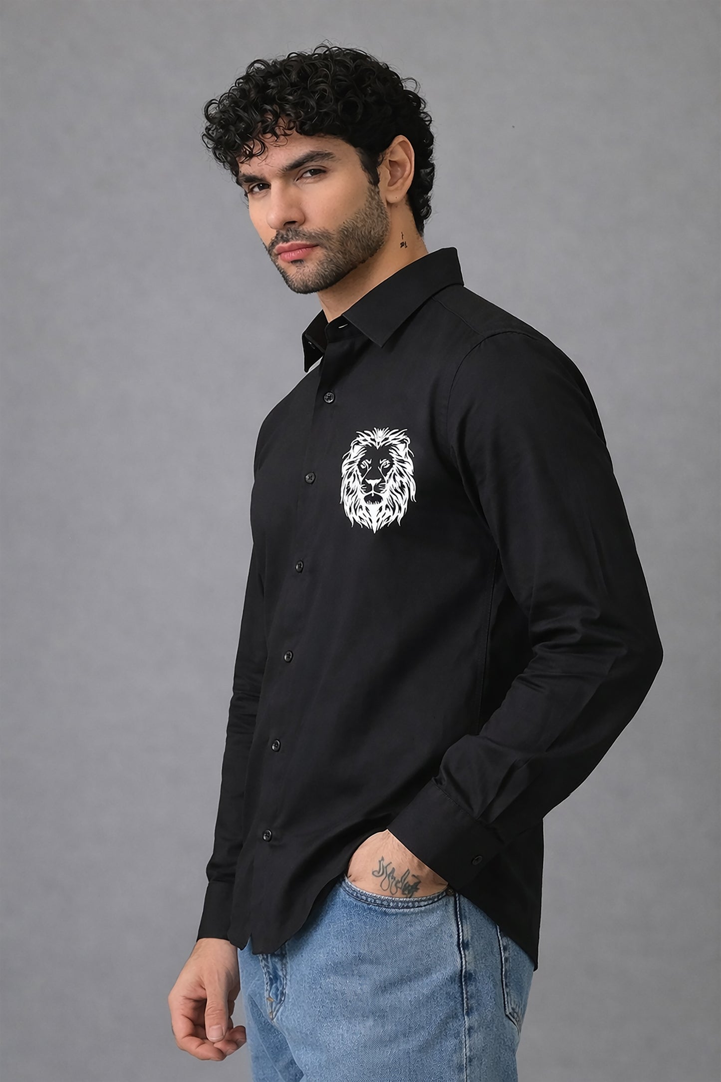 Black Men's Graphic Printed Cotton Poplin Regular Fit Full Sleeve Formal Shirts