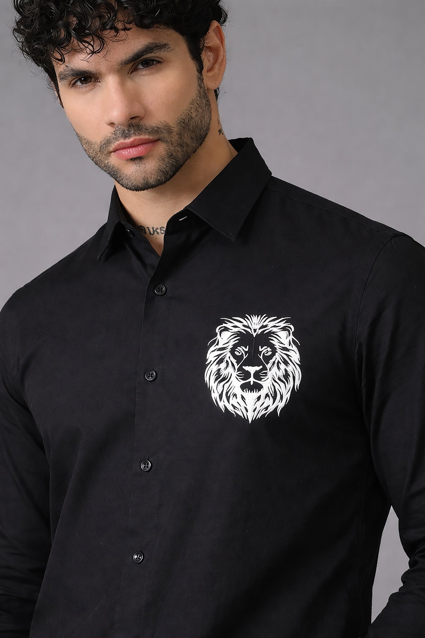 Black Men's Graphic Printed Cotton Poplin Regular Fit Full Sleeve Formal Shirts
