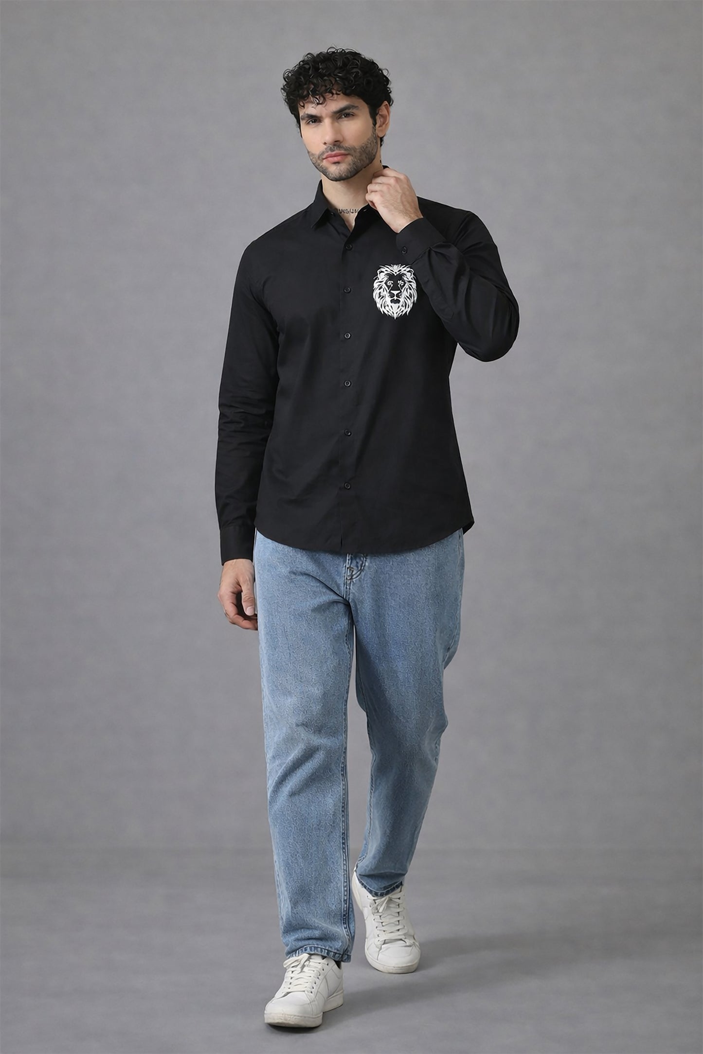 Black Men's Graphic Printed Cotton Poplin Regular Fit Full Sleeve Formal Shirts