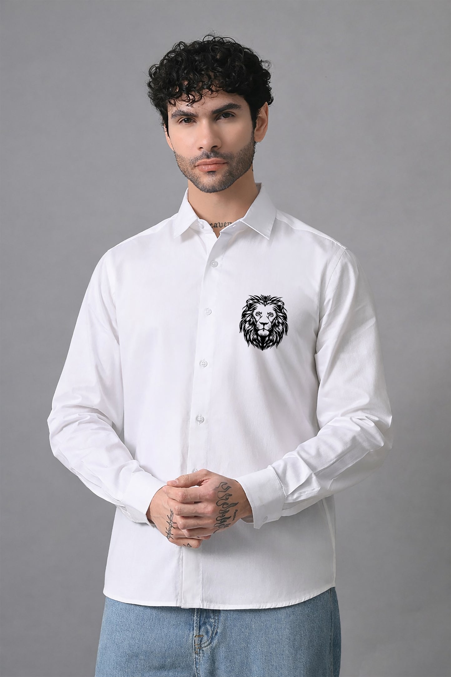 White Men's Graphic Printed Cotton Poplin Regular Fit Full Sleeve Formal Shirts