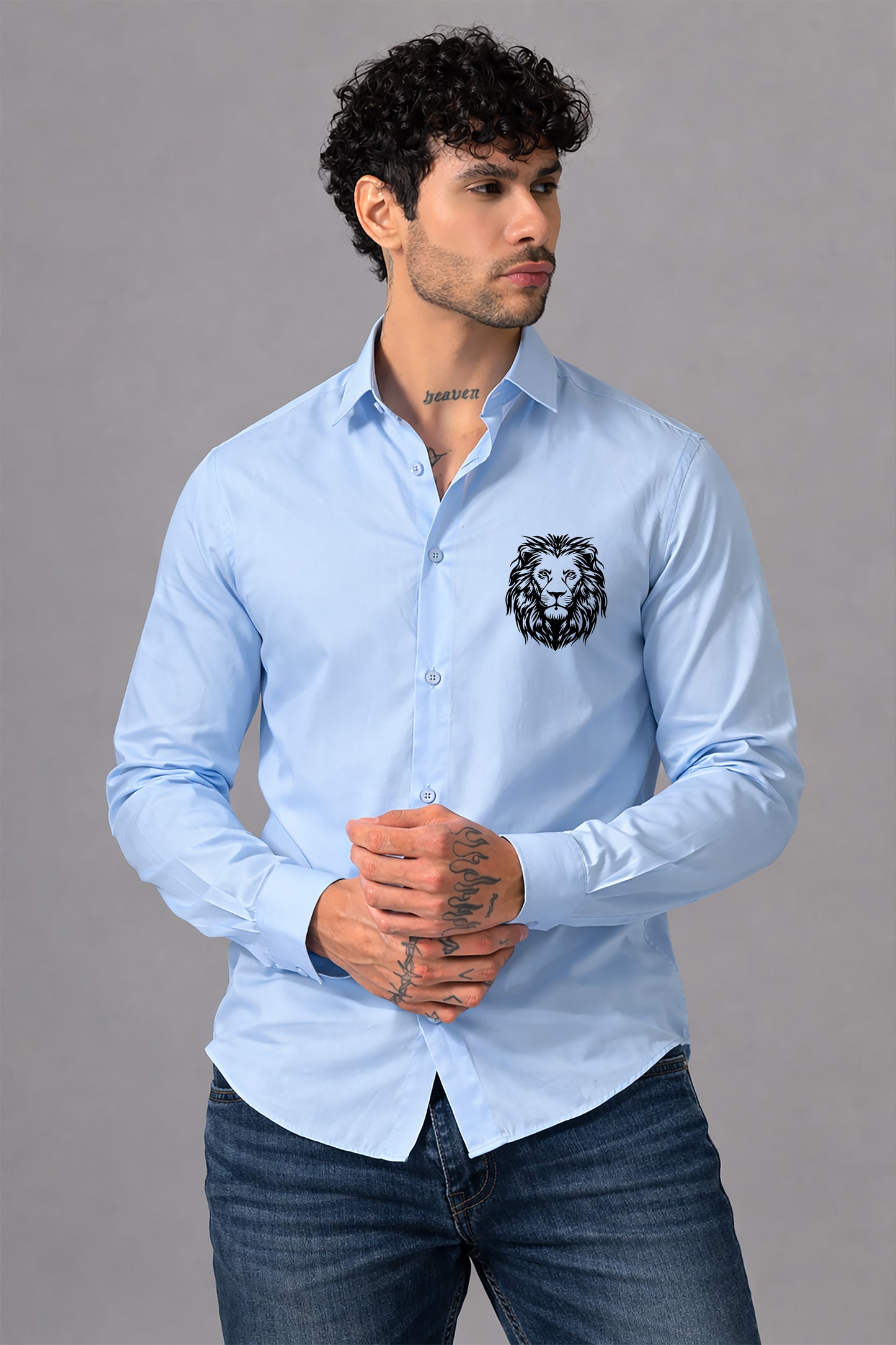Blue Men's Graphic Printed Cotton Poplin Regular Fit Full Sleeve Formal Shirts
