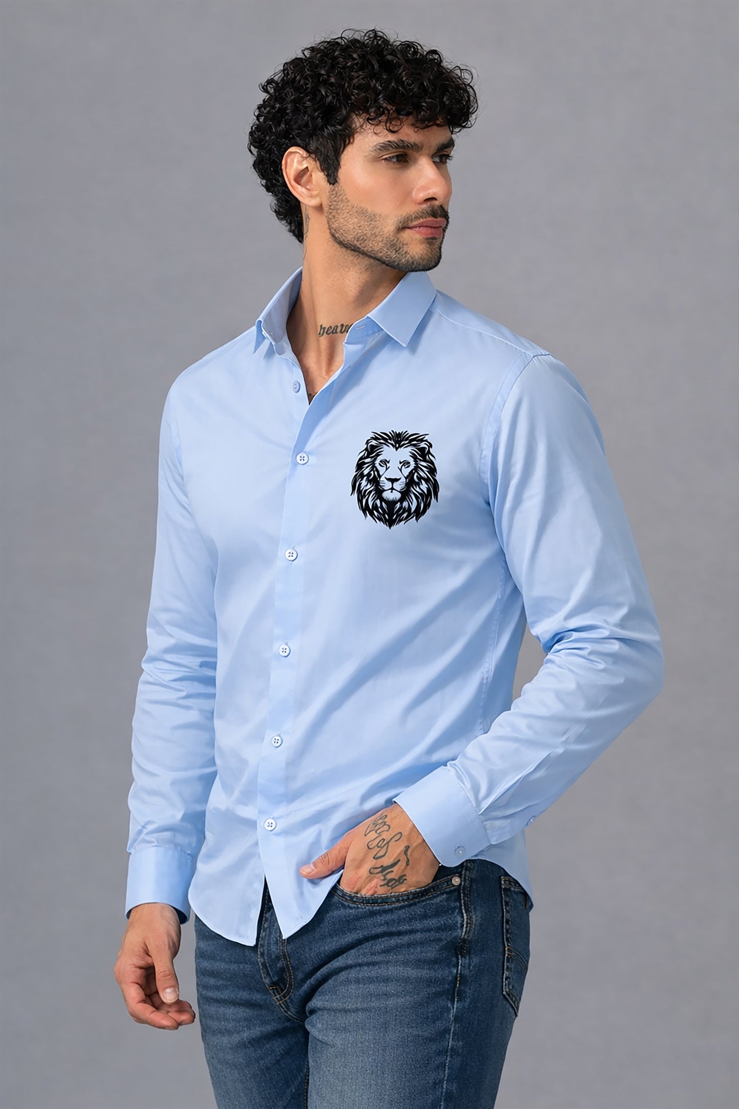 Blue Men's Graphic Printed Cotton Poplin Regular Fit Full Sleeve Formal Shirts