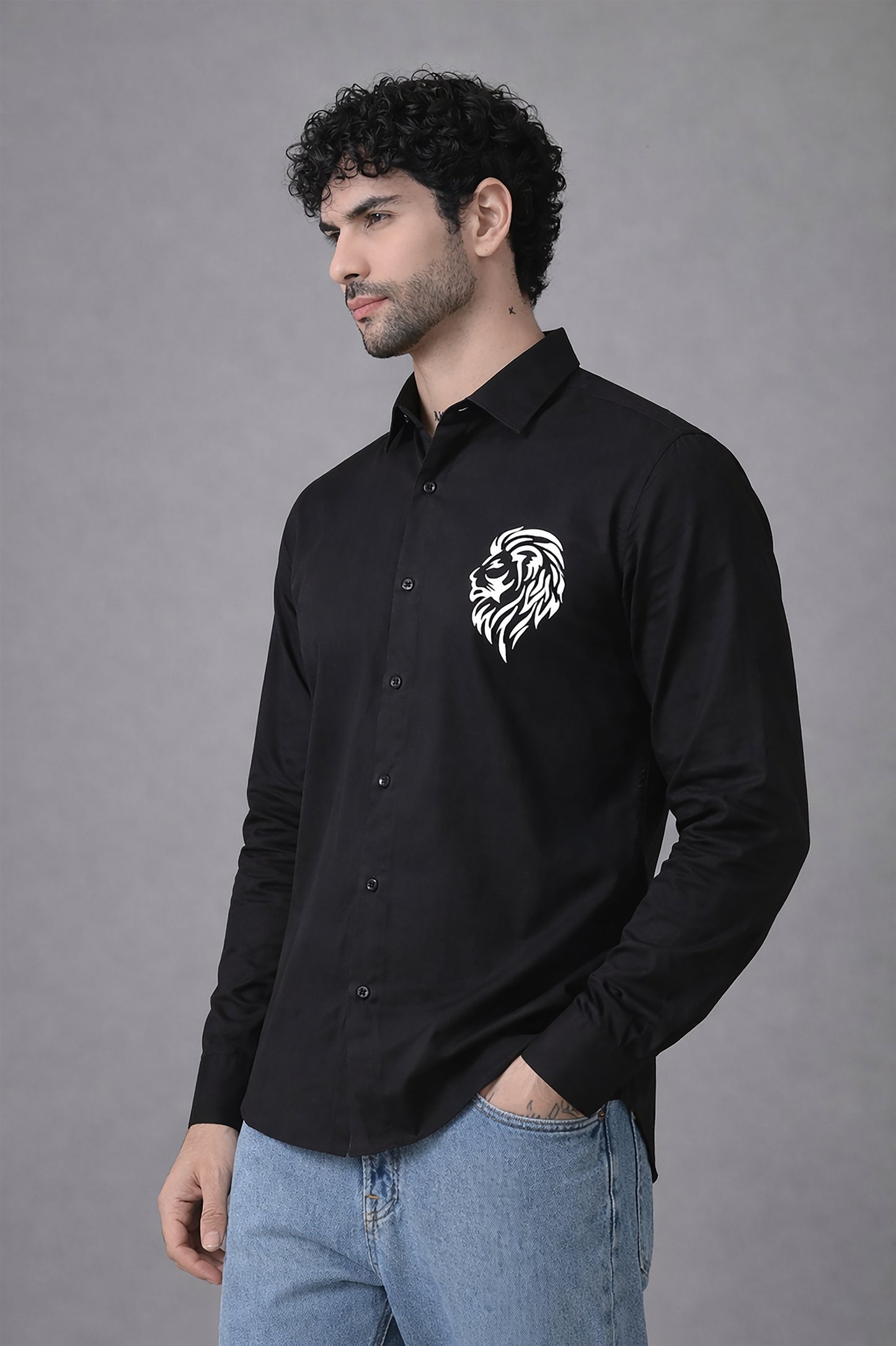 Black Men's Graphic Printed Cotton Poplin Regular Fit Full Sleeve Formal Shirts