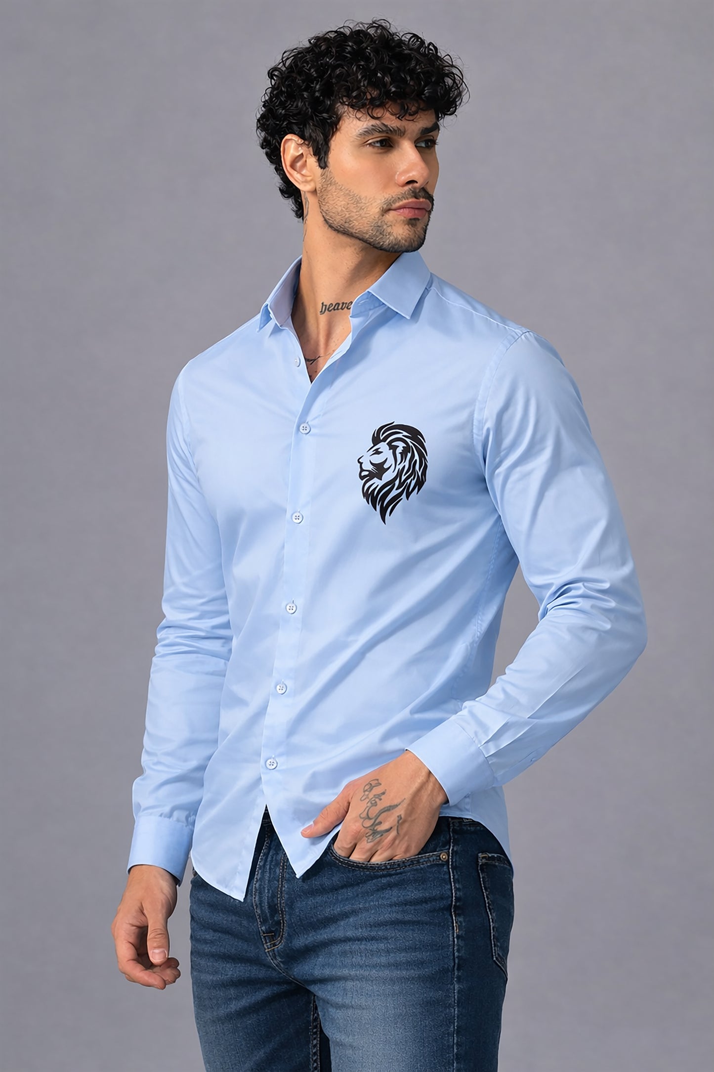 Blue Men's Graphic Printed Cotton Poplin Regular Fit Full Sleeve Formal Shirts