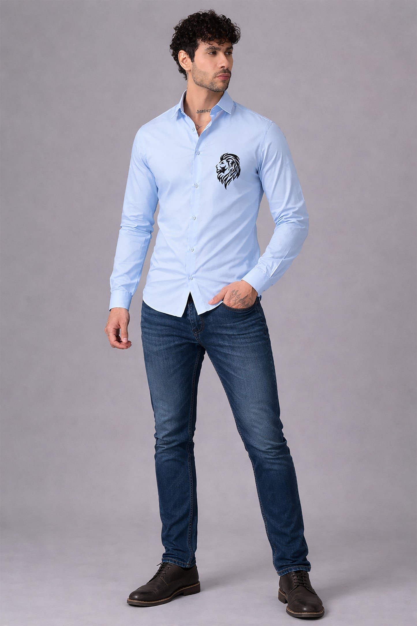 Blue Men's Graphic Printed Cotton Poplin Regular Fit Full Sleeve Formal Shirts