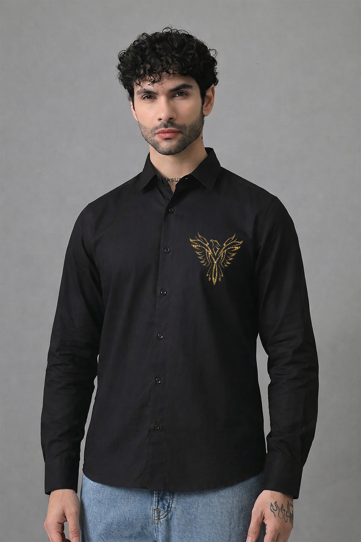 Black Men's Graphic Printed Cotton Poplin Regular Fit Full Sleeve Formal Shirts Main image