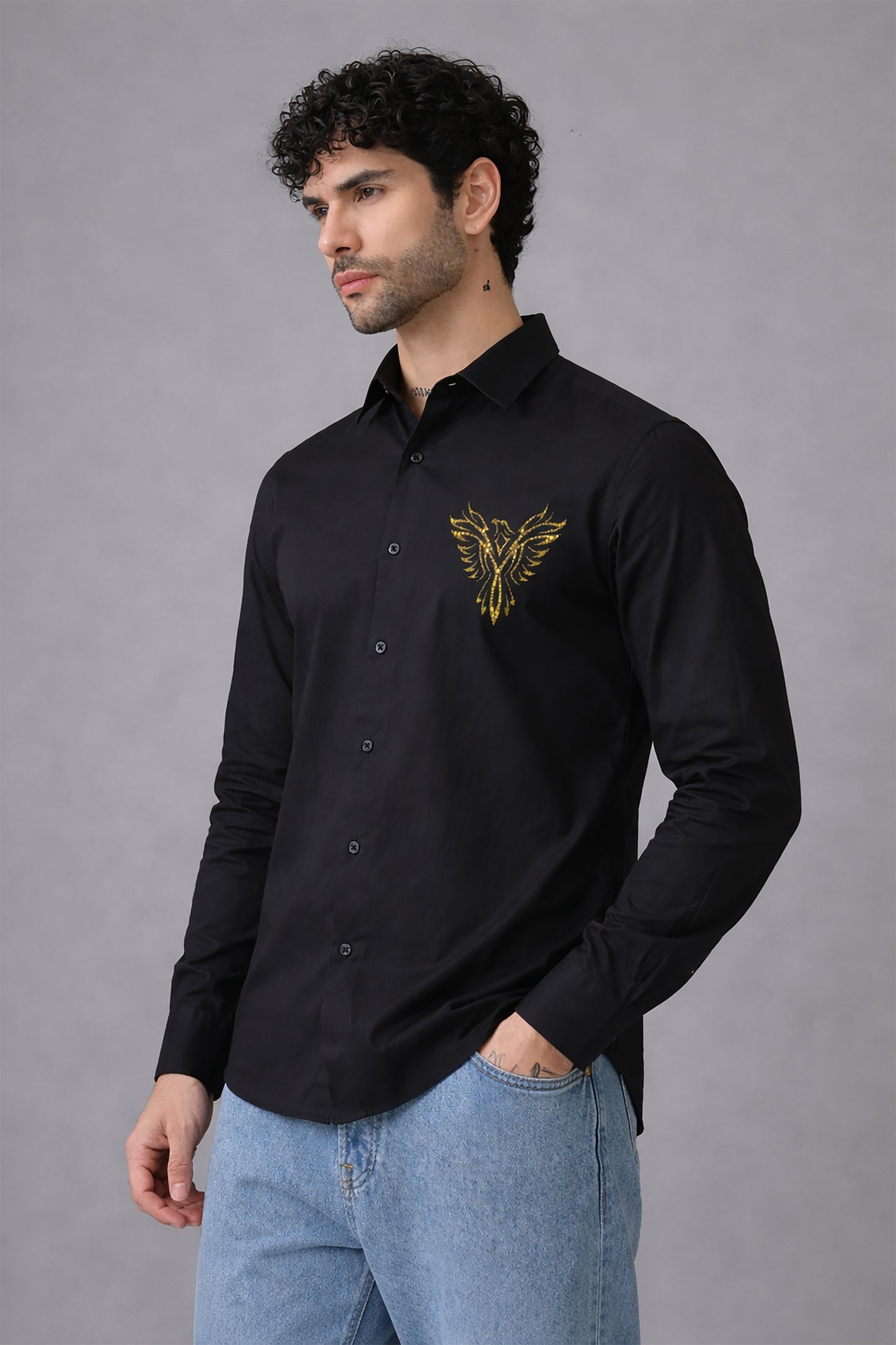 Black Men's Graphic Printed Cotton Poplin Regular Fit Full Sleeve Formal Shirts