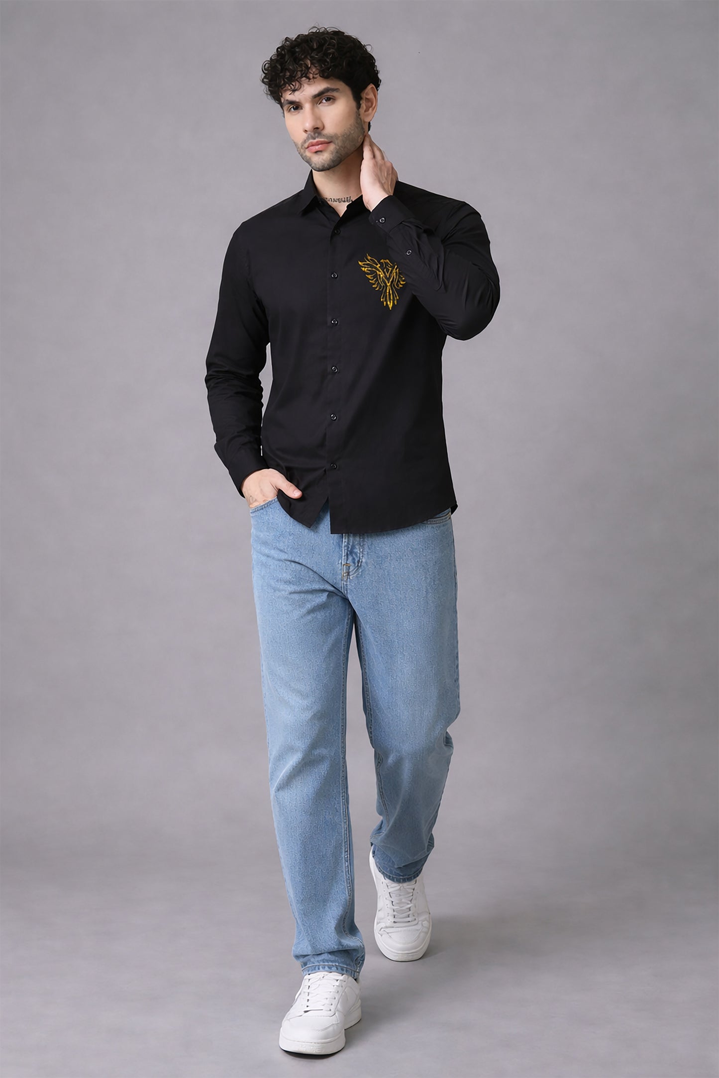 Black Men's Graphic Printed Cotton Poplin Regular Fit Full Sleeve Formal Shirts