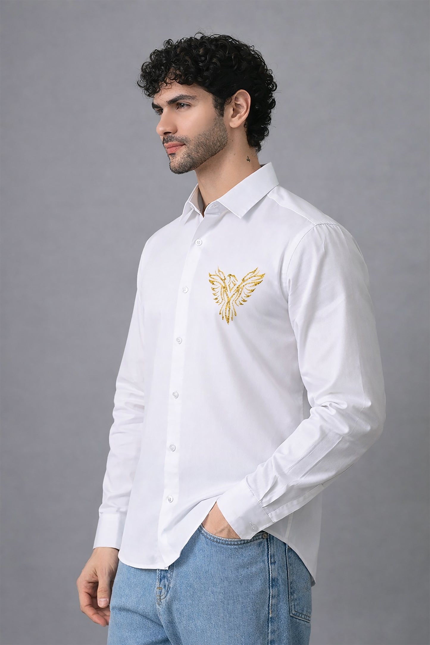 White Men's Graphic Printed Cotton Poplin Regular Fit Full Sleeve Formal Shirts
