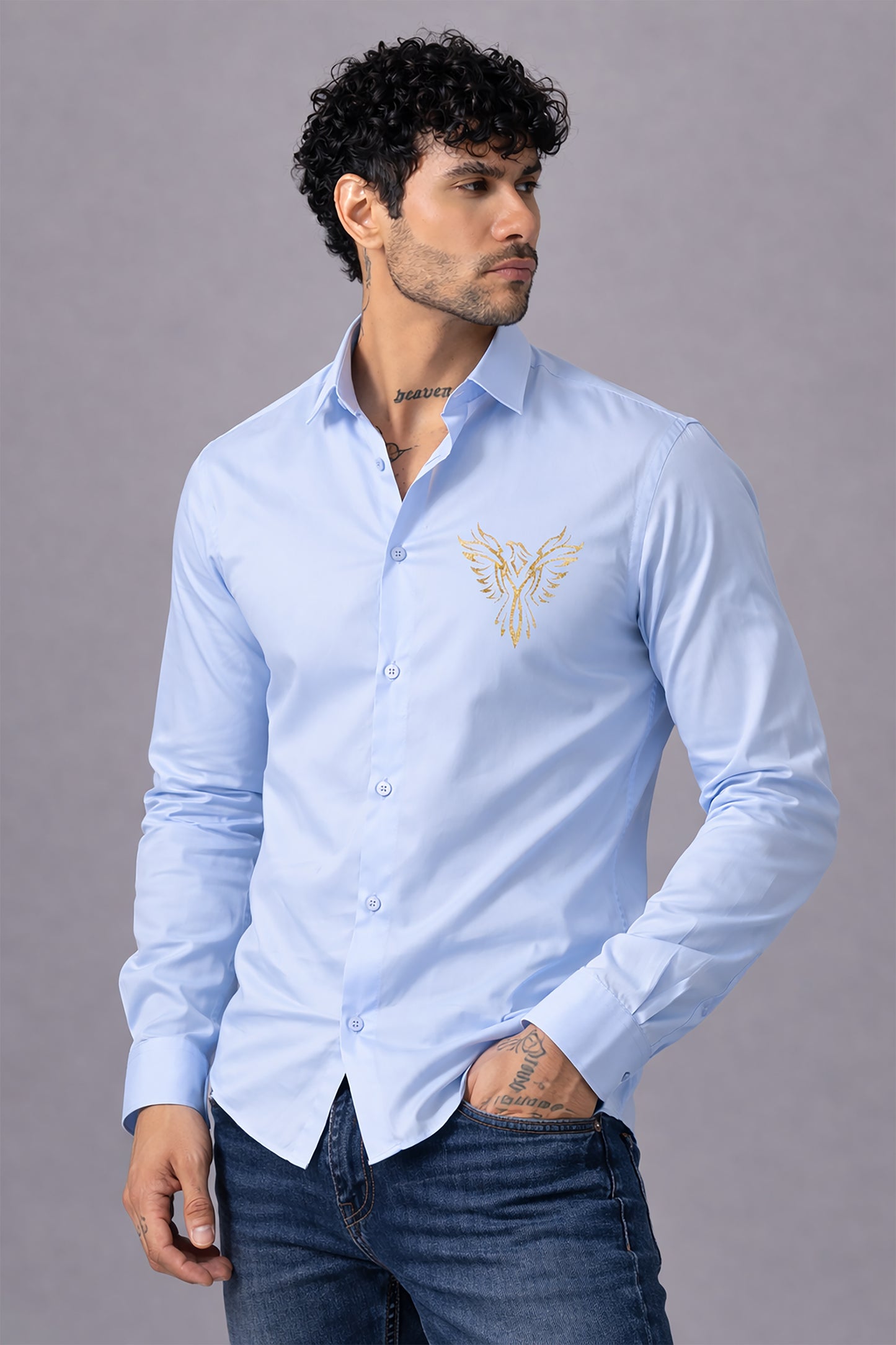 Blue Men's Graphic Printed Cotton Poplin Regular Fit Full Sleeve Formal Shirts