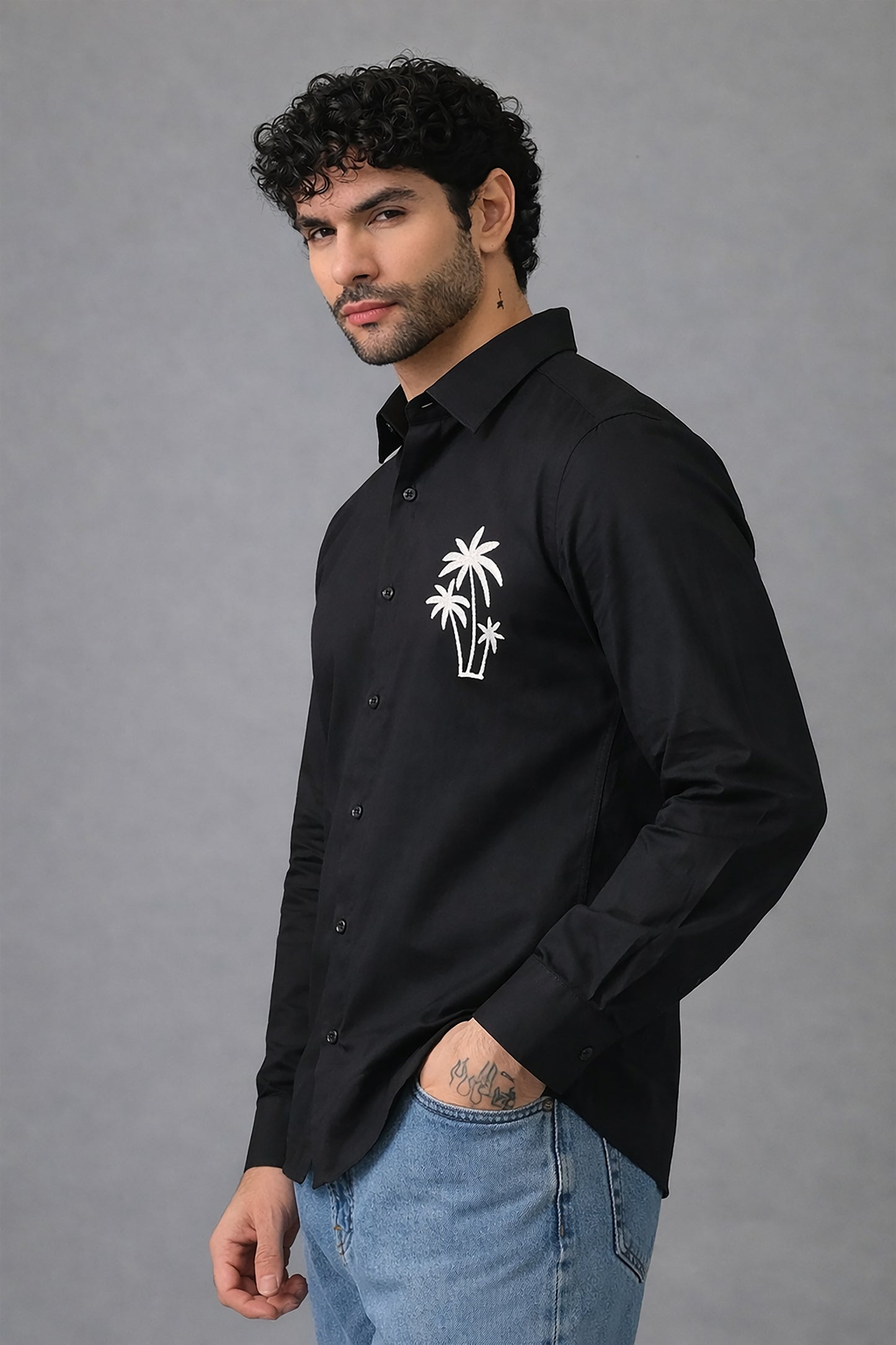 Black Men's Graphic Printed Cotton Poplin Regular Fit Full Sleeve Formal Shirts