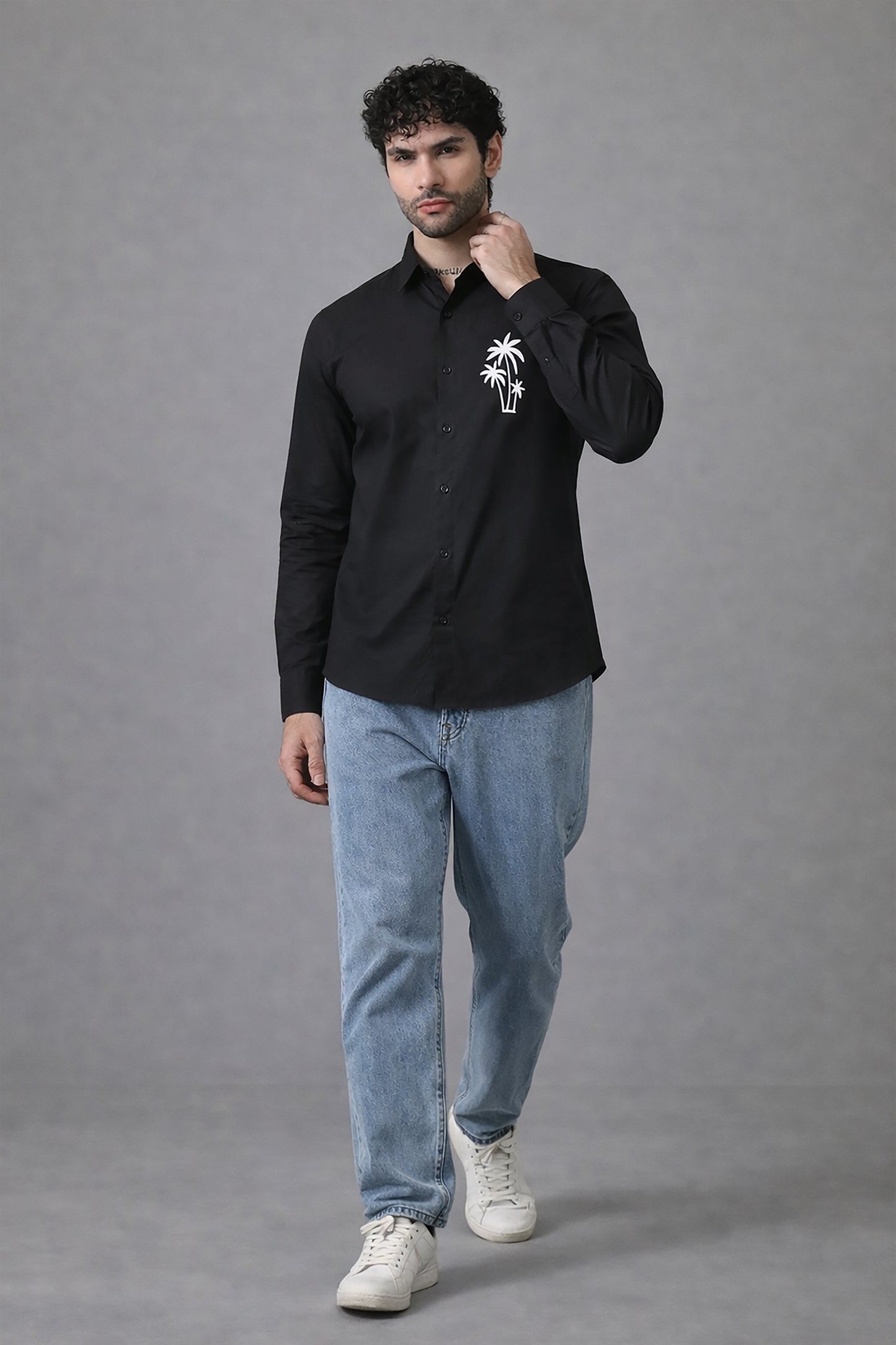 Black Men's Graphic Printed Cotton Poplin Regular Fit Full Sleeve Formal Shirts