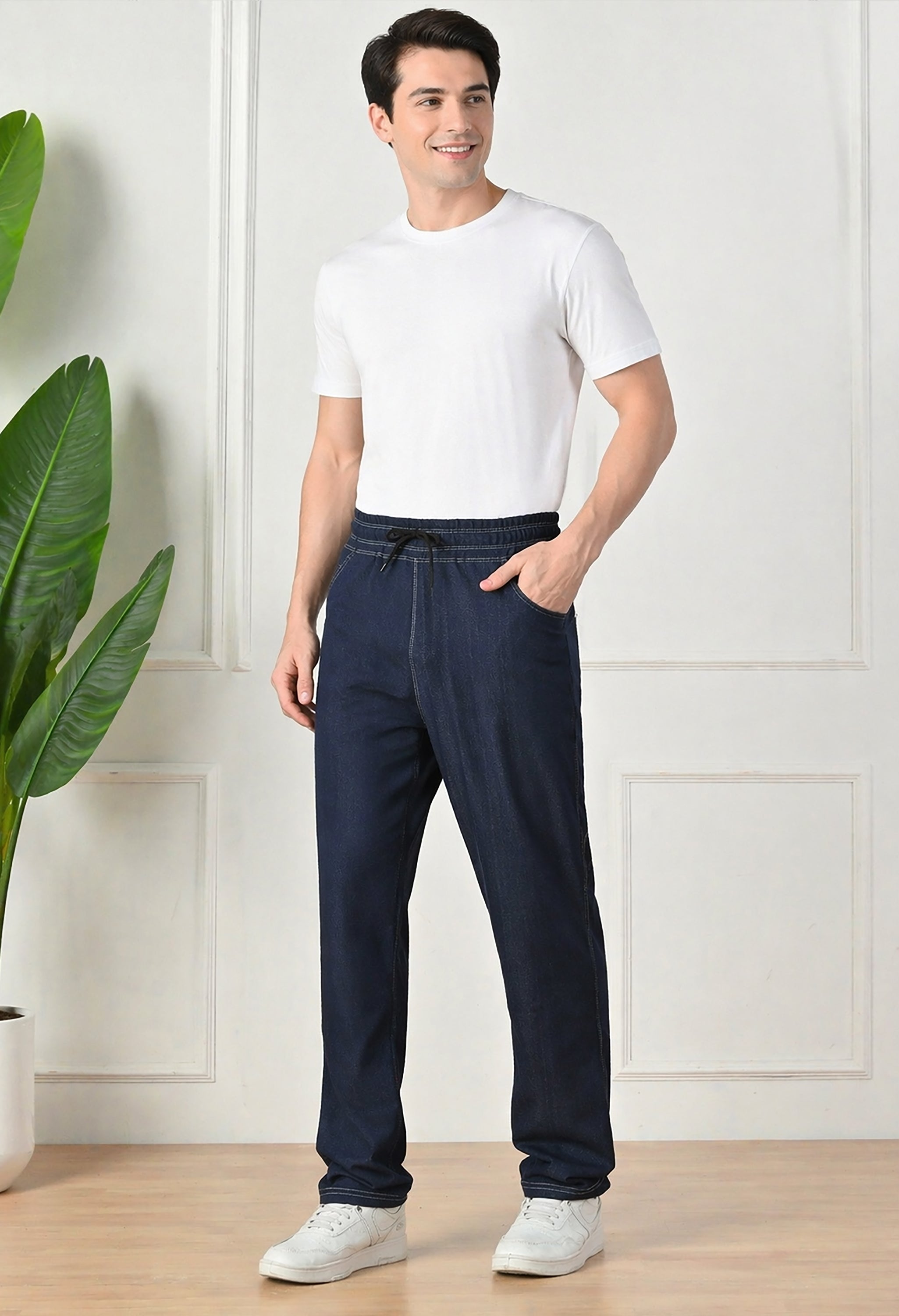 Navy Blue Men’s Knitted Tapered Jogger Pants – Mid-Rise Drawstring Athleisure Wear Secondary image