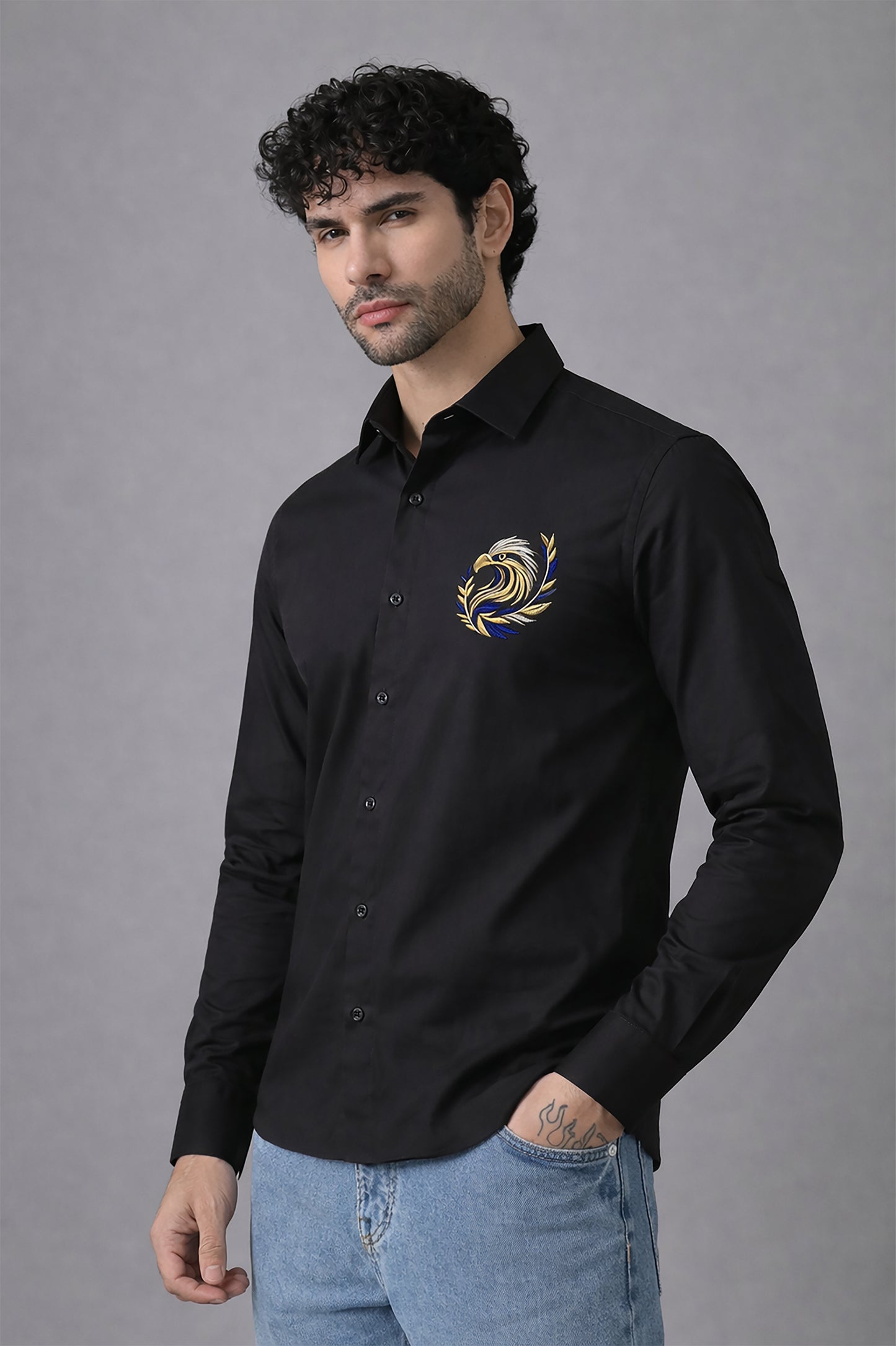 Black Men's Graphic Printed Cotton Poplin Regular Fit Full Sleeve Formal Shirts