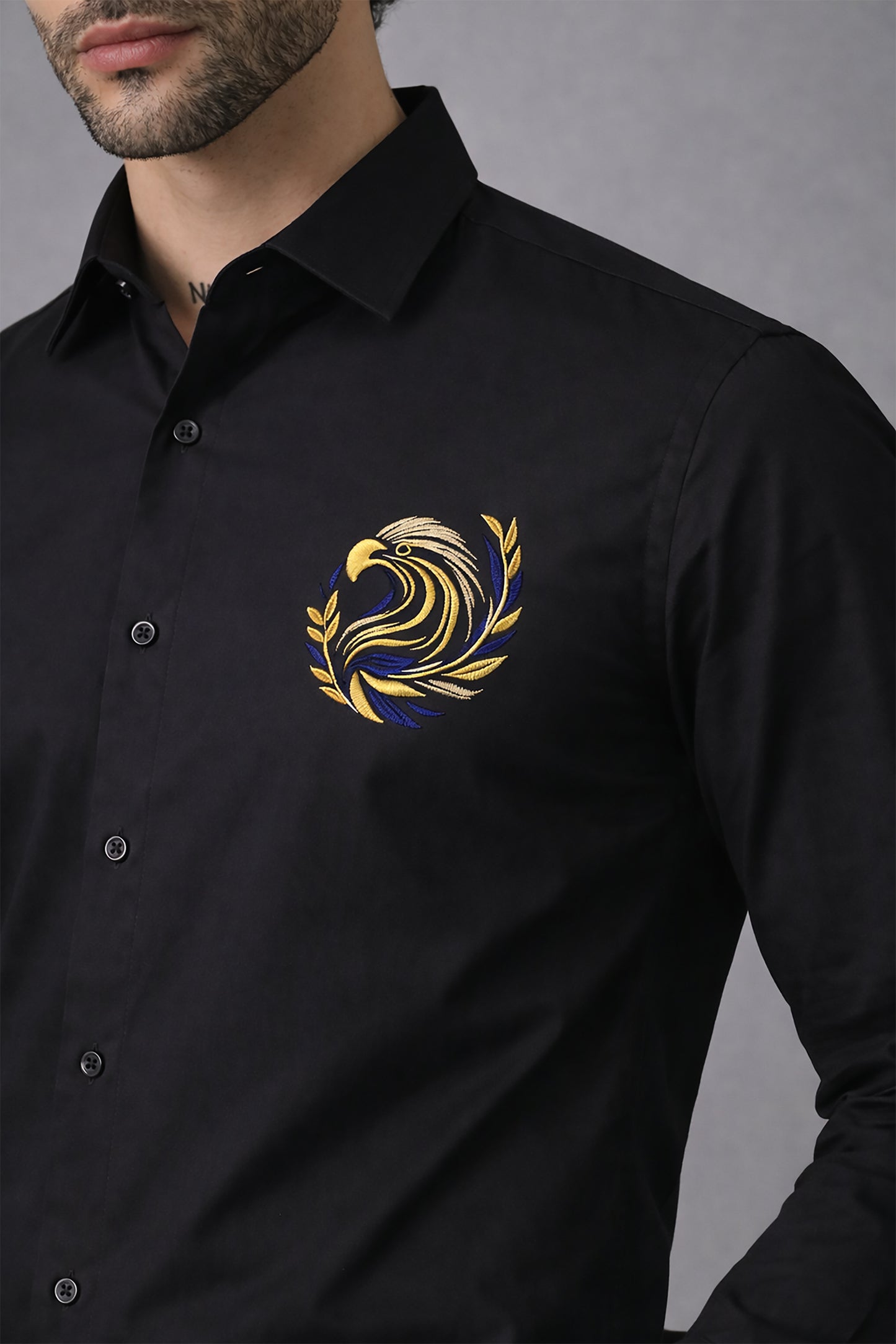 Black Men's Graphic Printed Cotton Poplin Regular Fit Full Sleeve Formal Shirts
