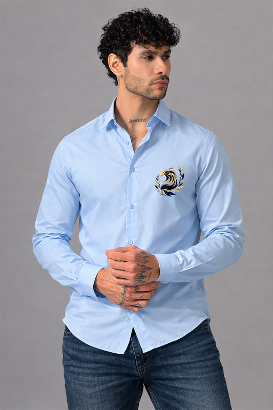Blue Men's Graphic Printed Cotton Poplin Regular Fit Full Sleeve Formal Shirts