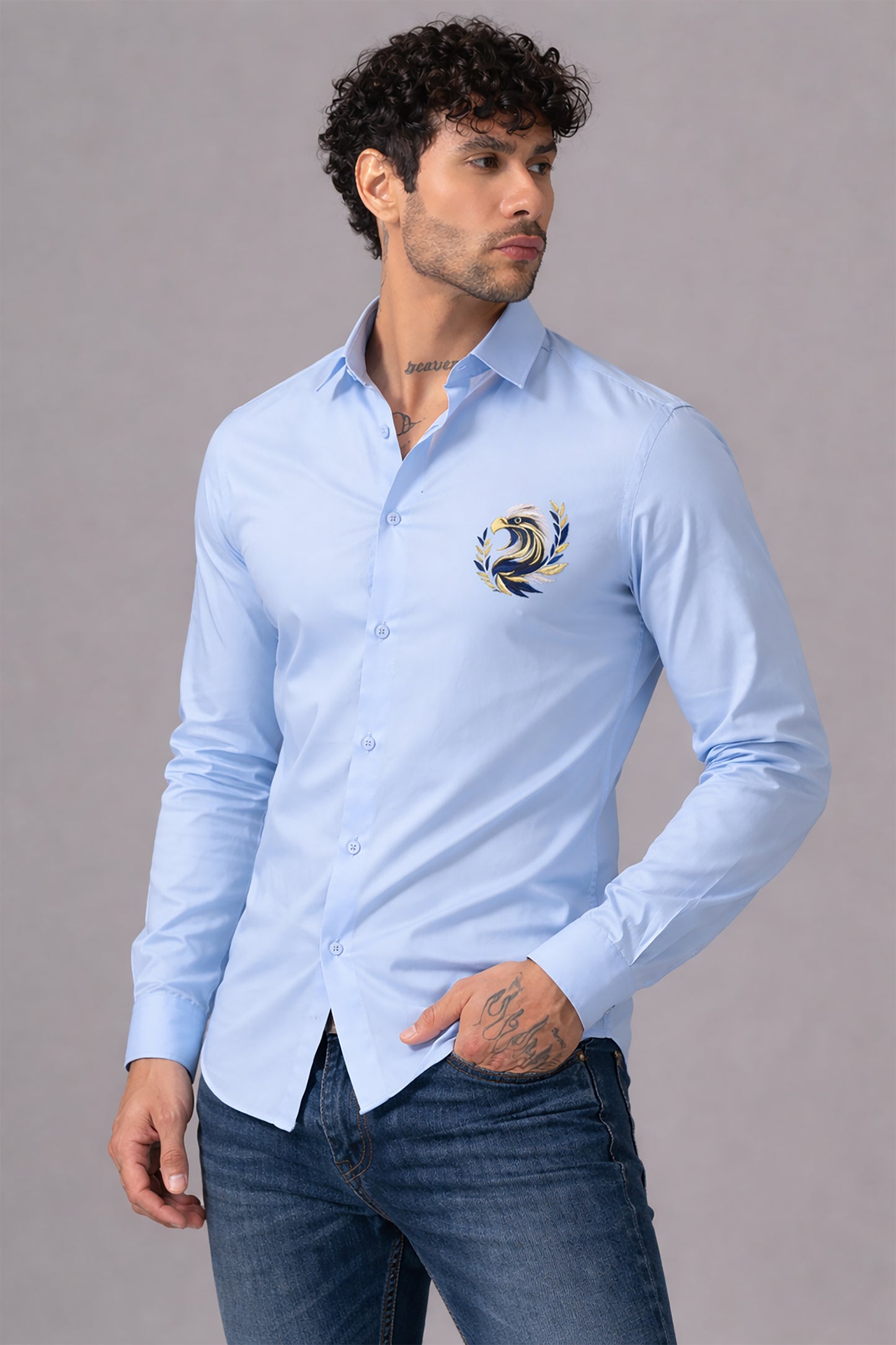 Blue Men's Graphic Printed Cotton Poplin Regular Fit Full Sleeve Formal Shirts