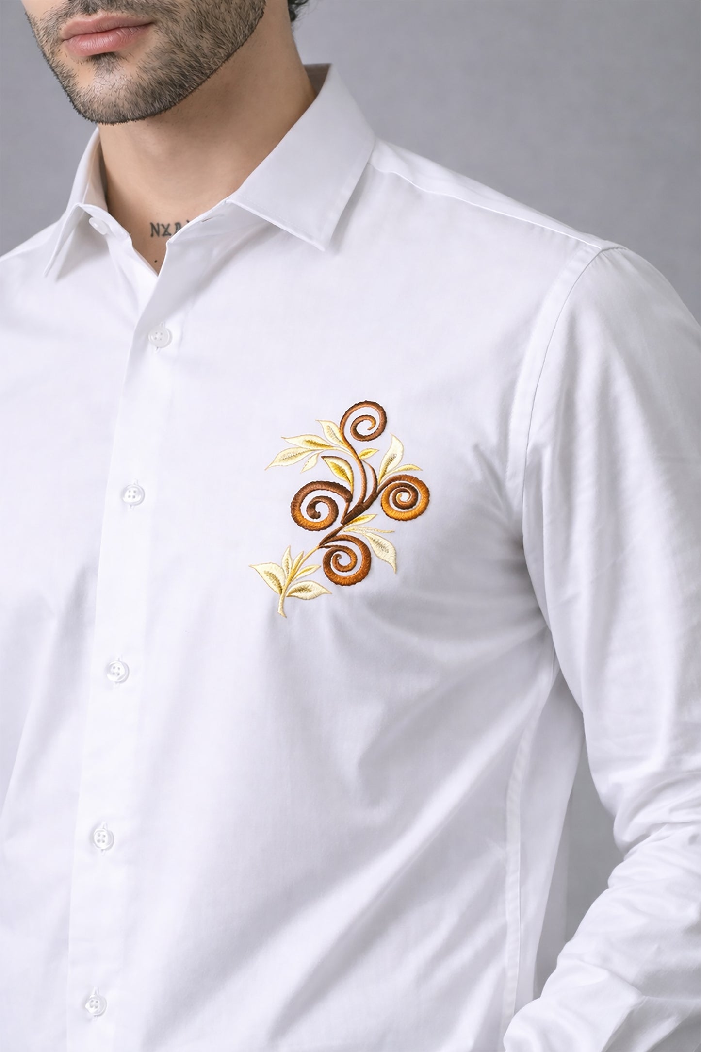 White Men's Graphic Printed Cotton Poplin Regular Fit Full Sleeve Formal Shirts